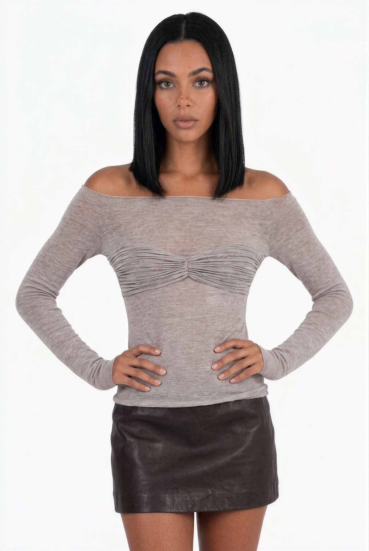 Heather Grey Bardot Neckline Ruched Bust Top