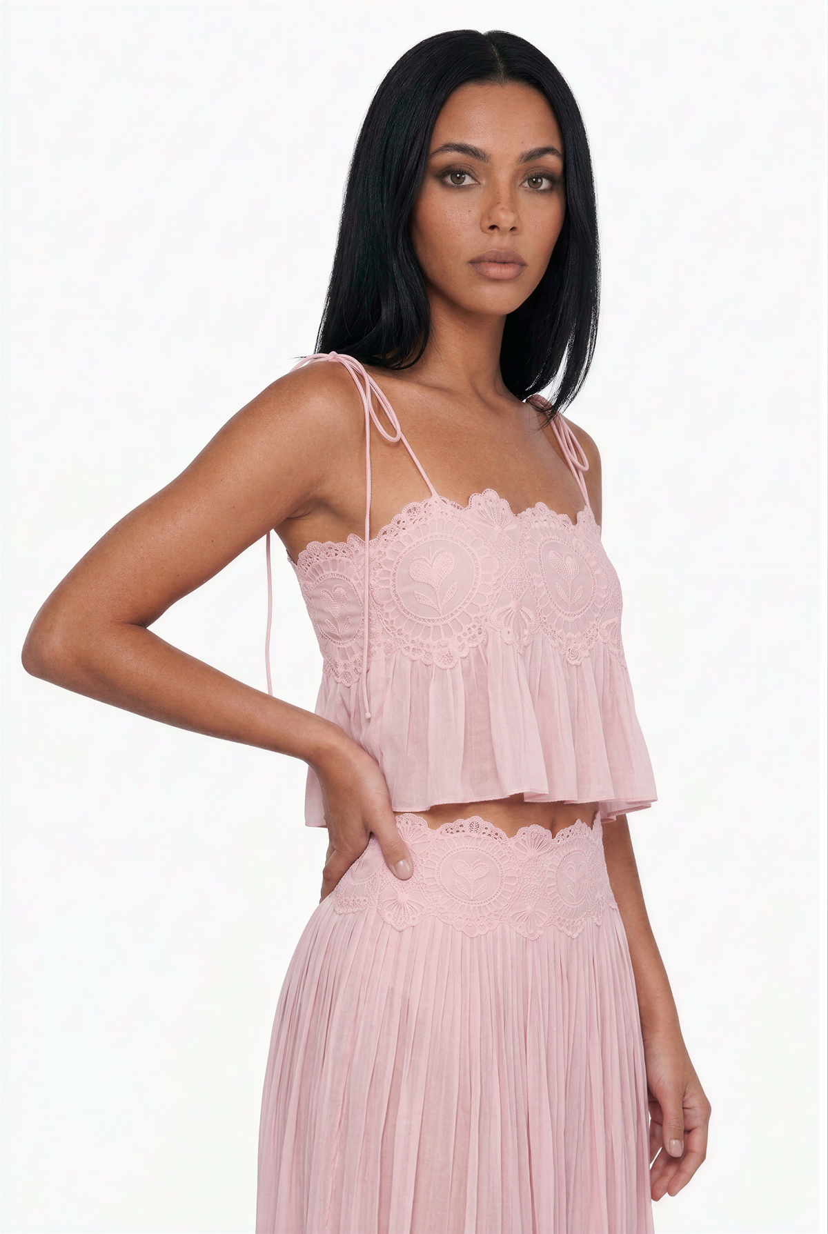 Pink Lace-Trimmed Crop Top and Pleated Harem Pants Set