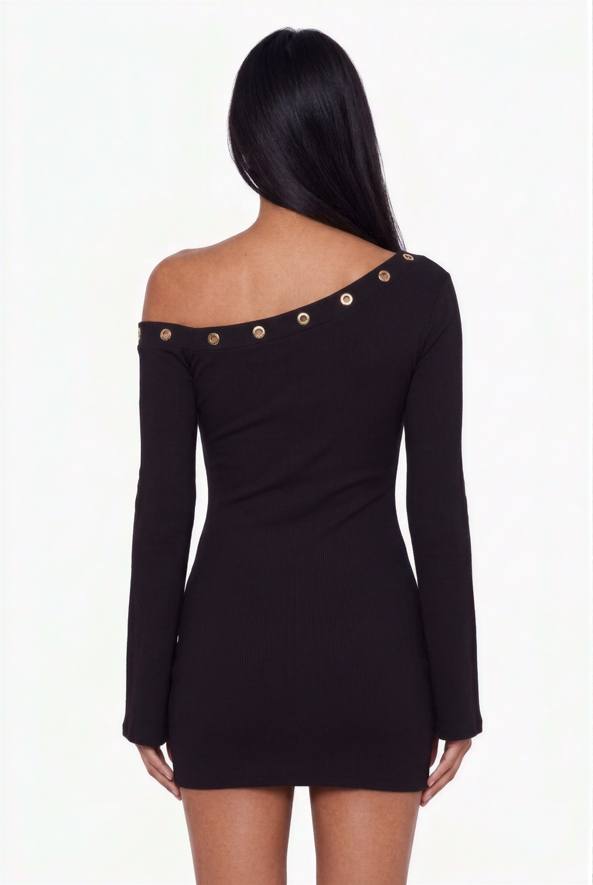 Sleek One-Shoulder Black Bodycon Dress with Bell Sleeves