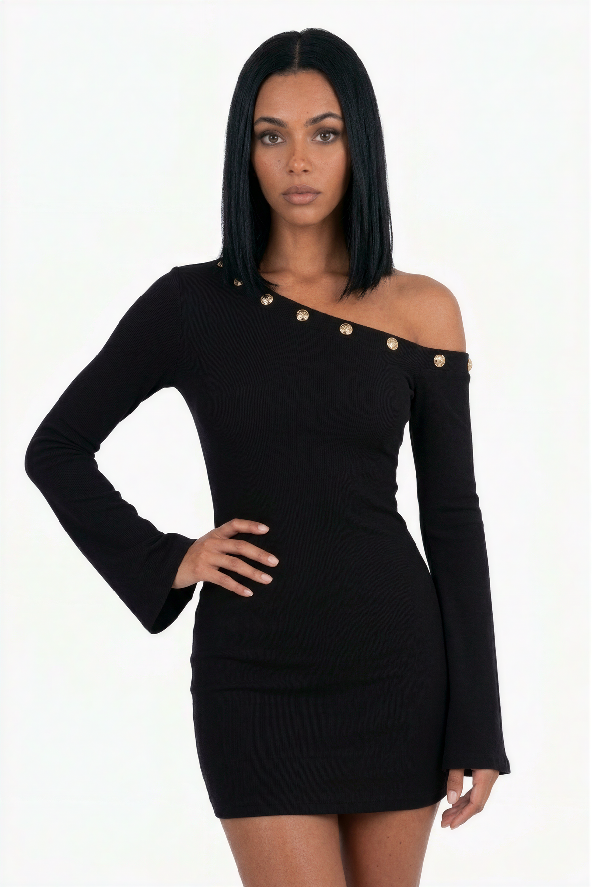 Sleek One-Shoulder Black Bodycon Dress with Bell Sleeves