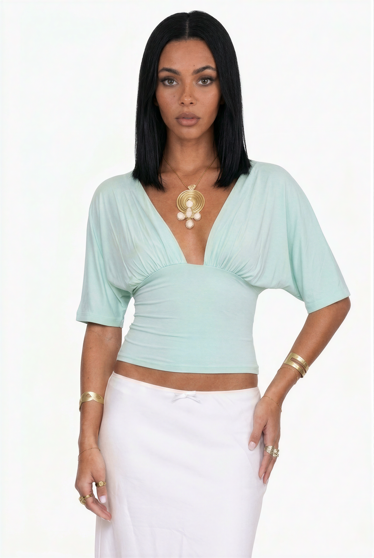 Plunging V-Neck Short Sleeve Top