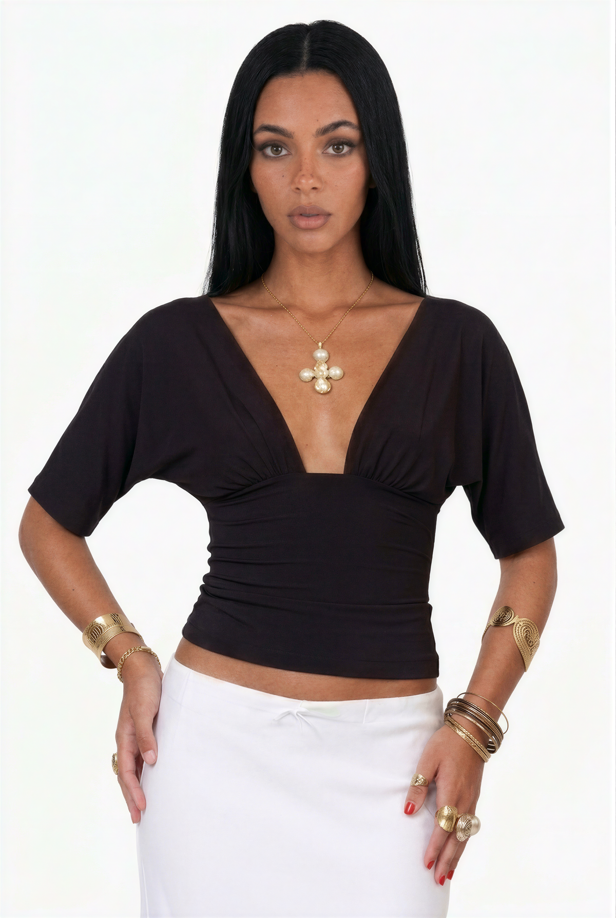 Plunging V-Neck Short Sleeve Top
