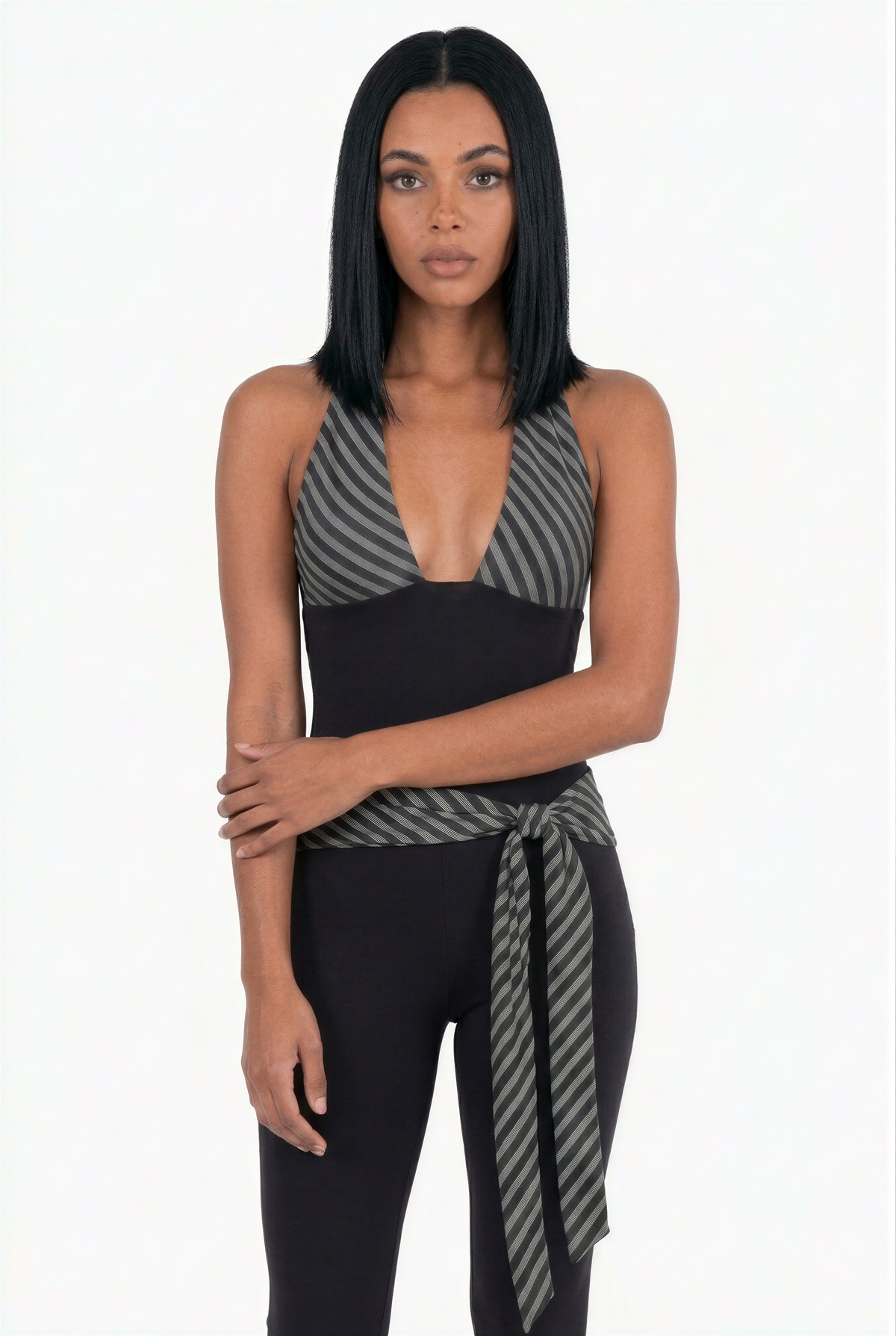 Chevron Stripe Halter Neck Cropped Jumpsuit with Tie Waist