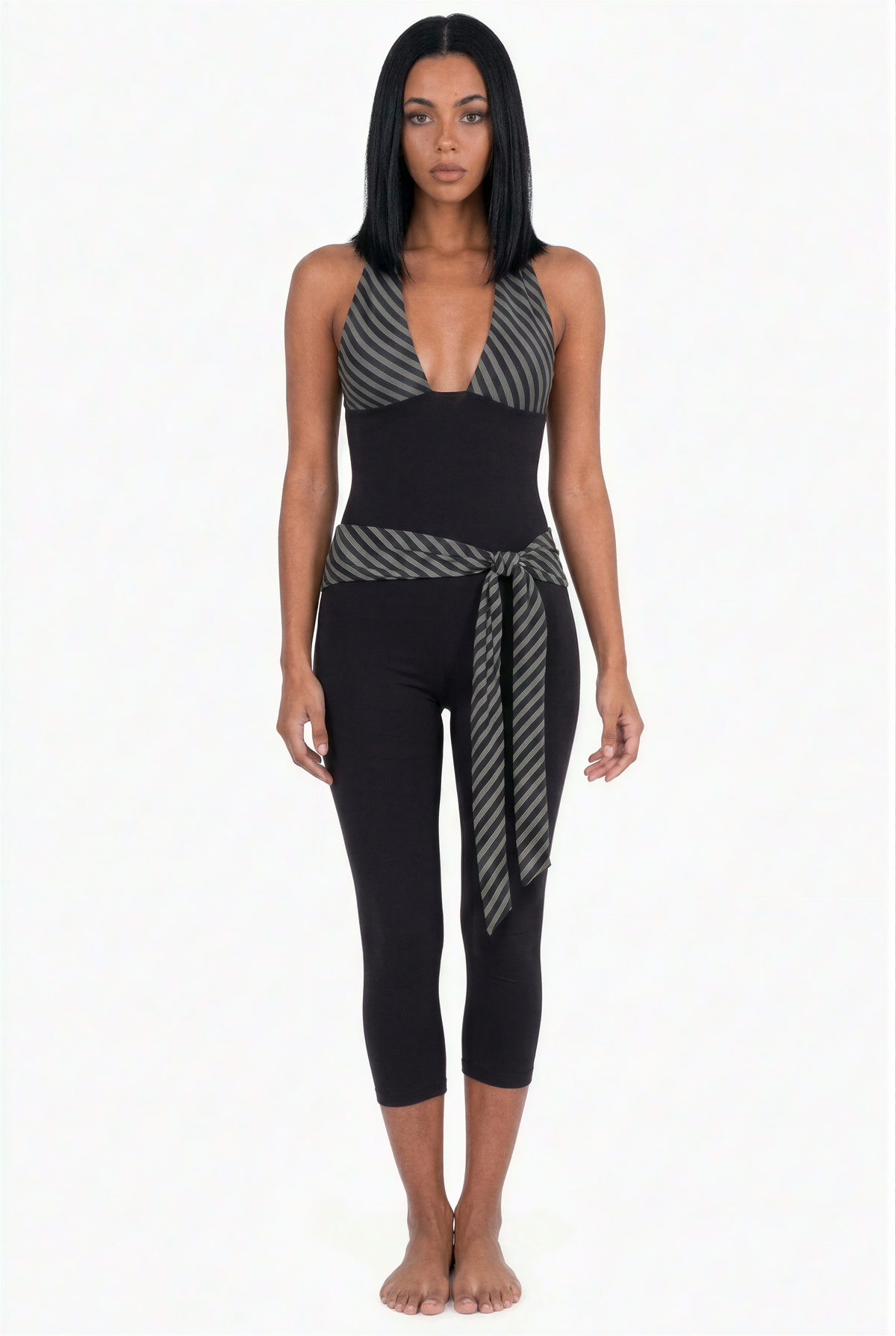 Chevron Stripe Halter Neck Cropped Jumpsuit with Tie Waist