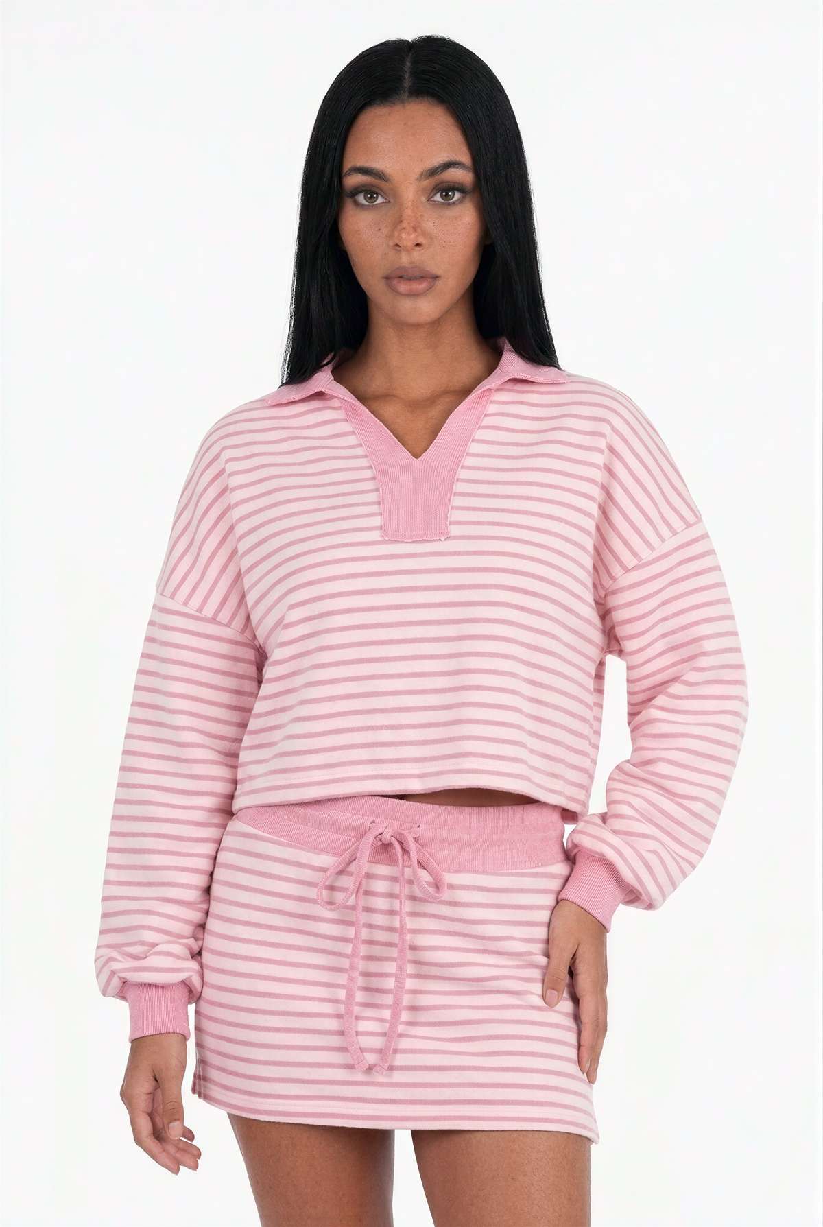 Striped Polo Sweatshirt and Mini Skirt Set