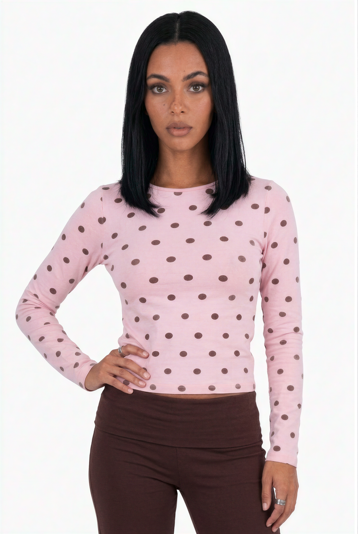 Polka Dot Print Crewneck Long Sleeve Top