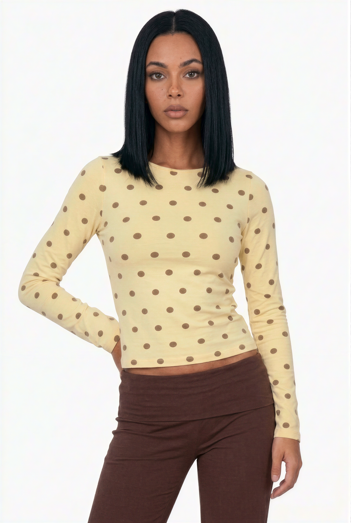 Polka Dot Print Crewneck Long Sleeve Top