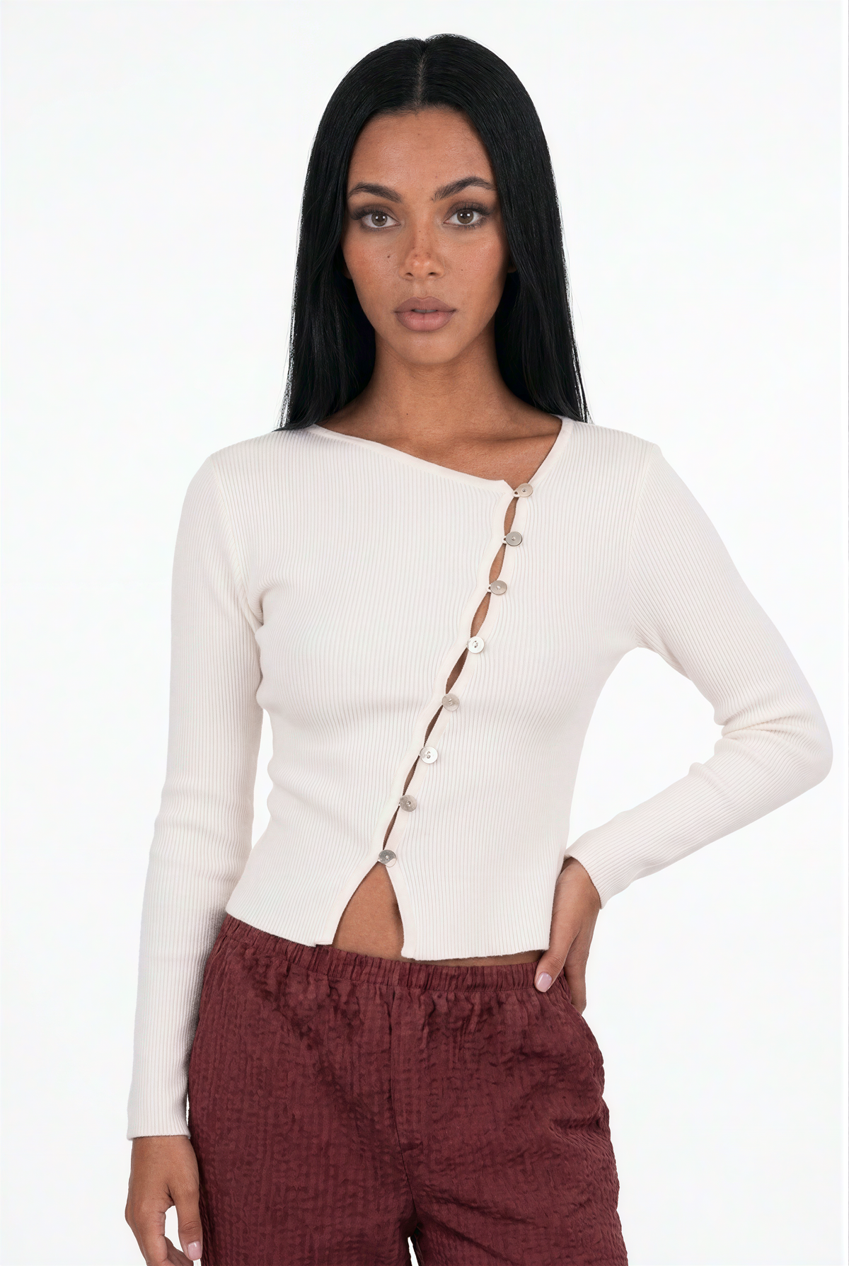 Asymmetric Button-Front Long Sleeve Top