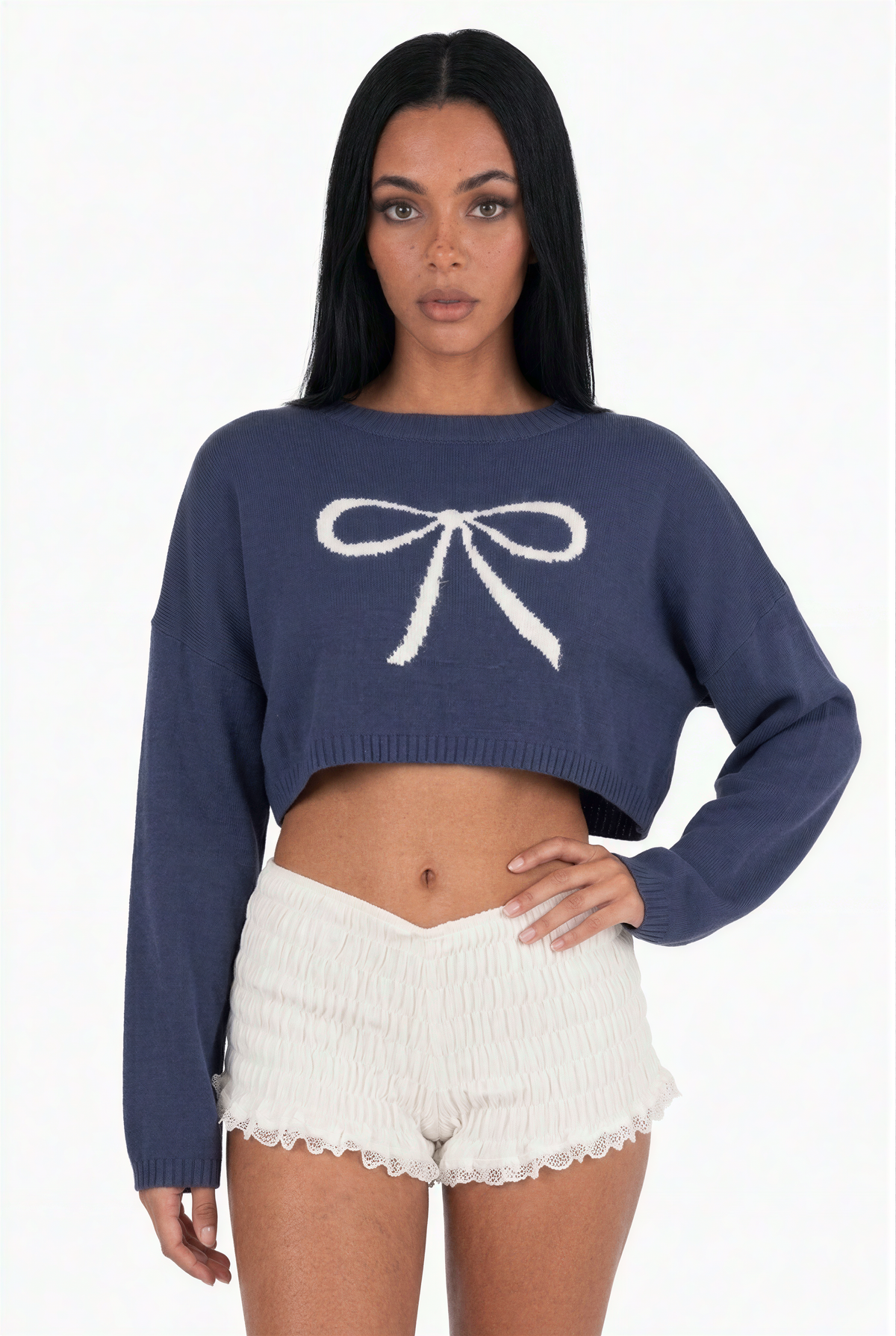 Dusty Blue Crewneck Intarsia Bow Crop Sweater