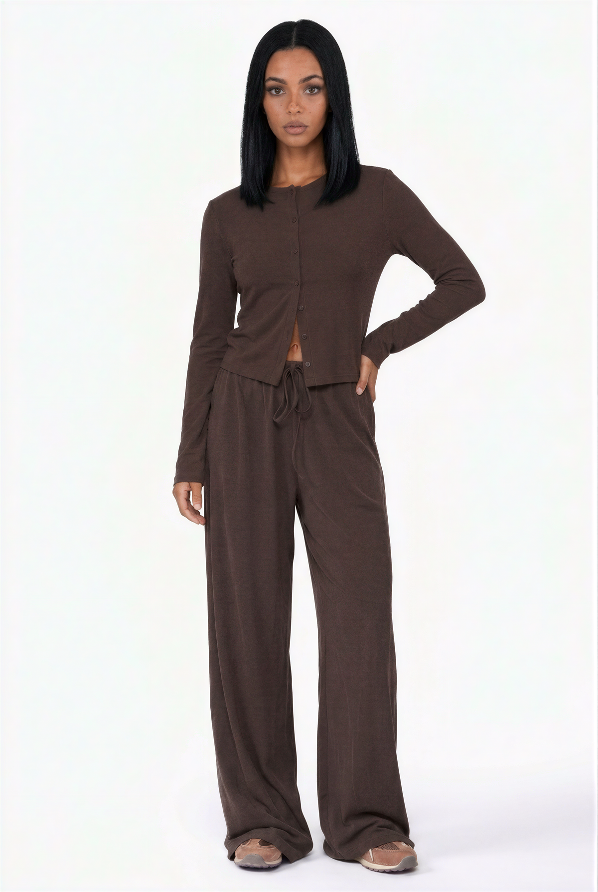Conjunto de cárdigan con botones y pantalón de chándal de pernera ancha