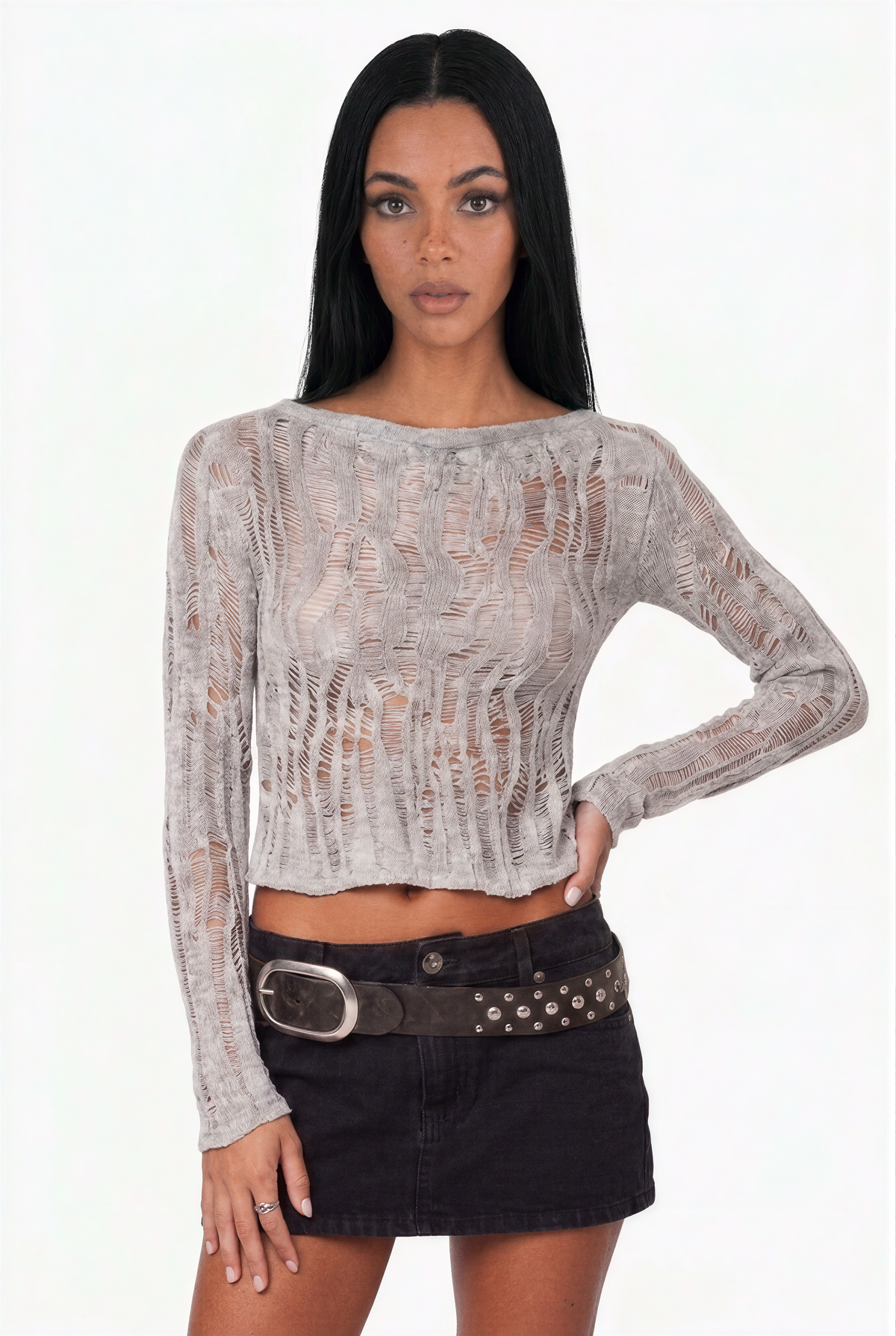 Metallic Sheer Ribbed Knit Long Sleeve Top