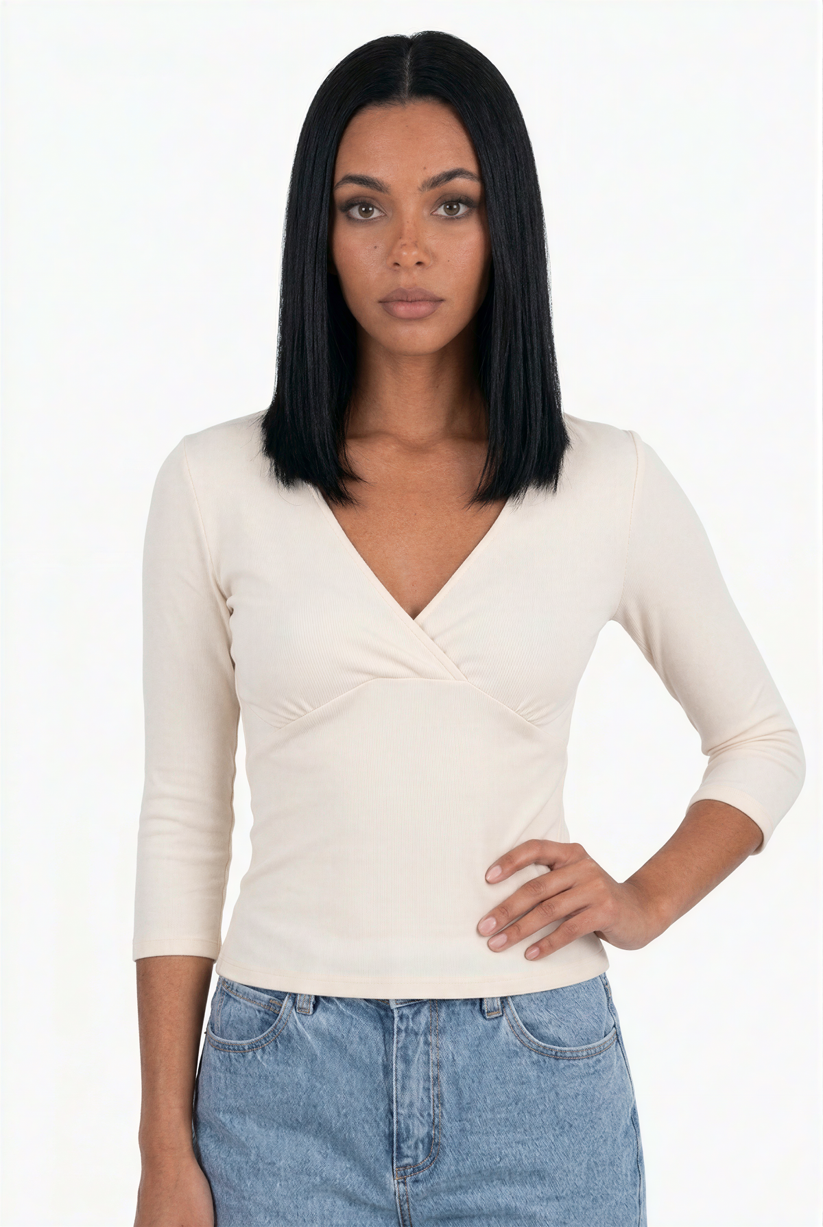 V-Neck Wrap-Front Three-Quarter Sleeve Top