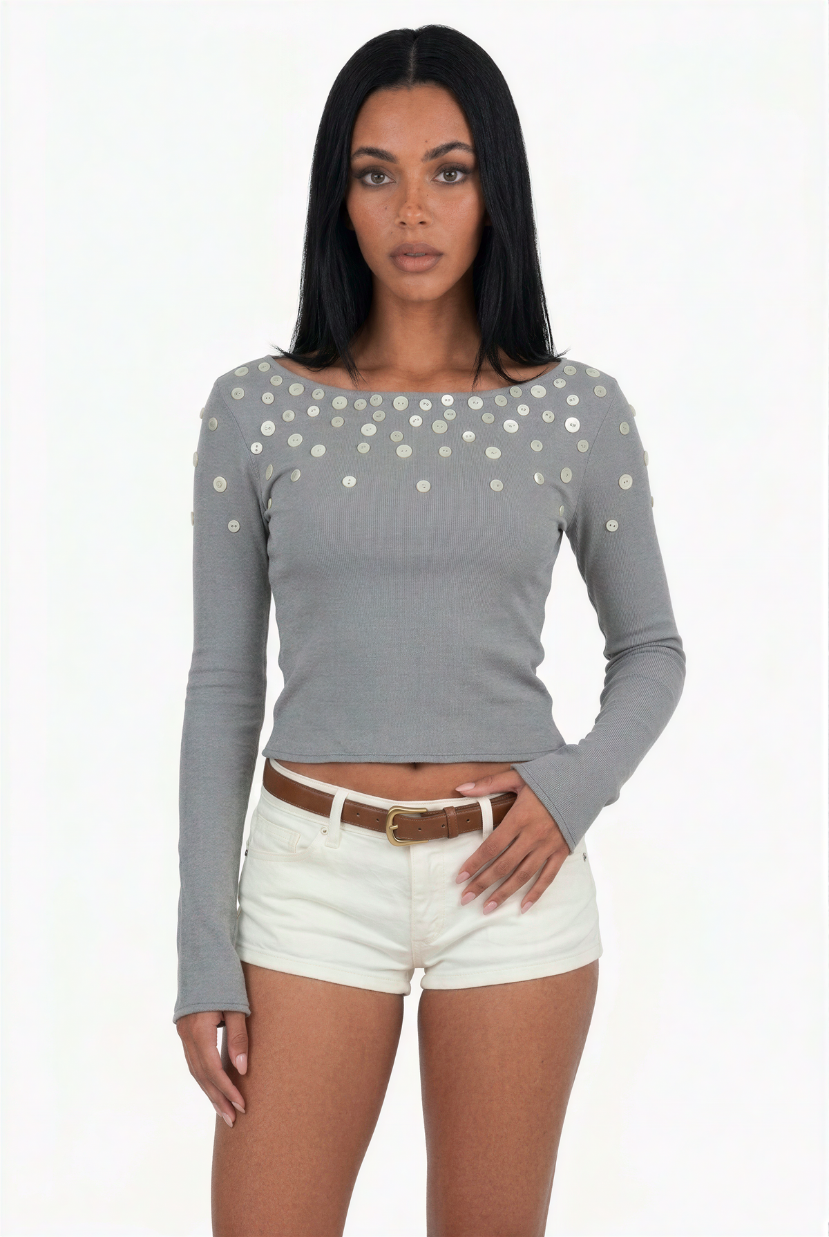 Embellished Button-Detail Long Sleeve Boat Neck Crop Top
