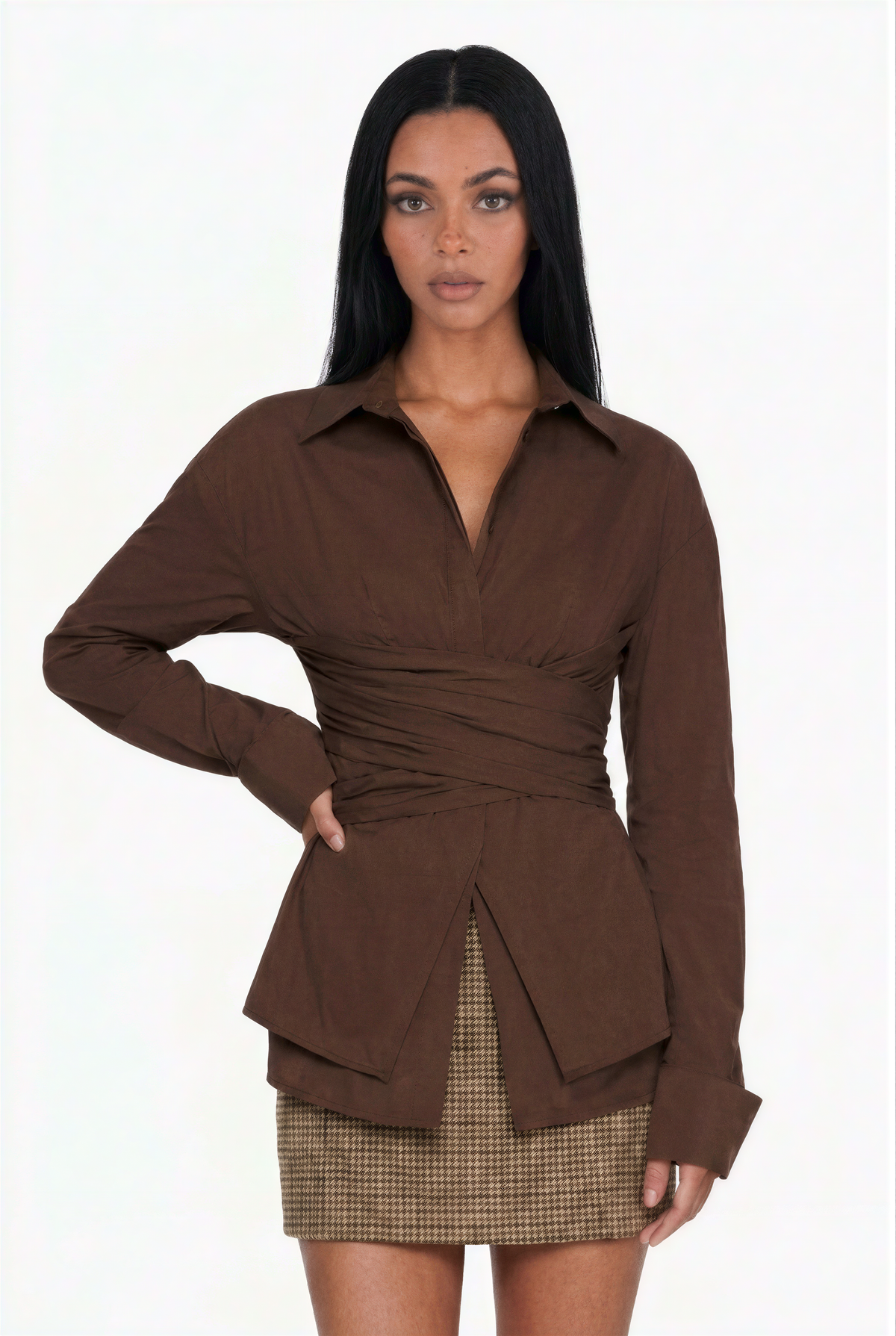 Wrap-Front White Button-Down Shirt with Extended Cuffs