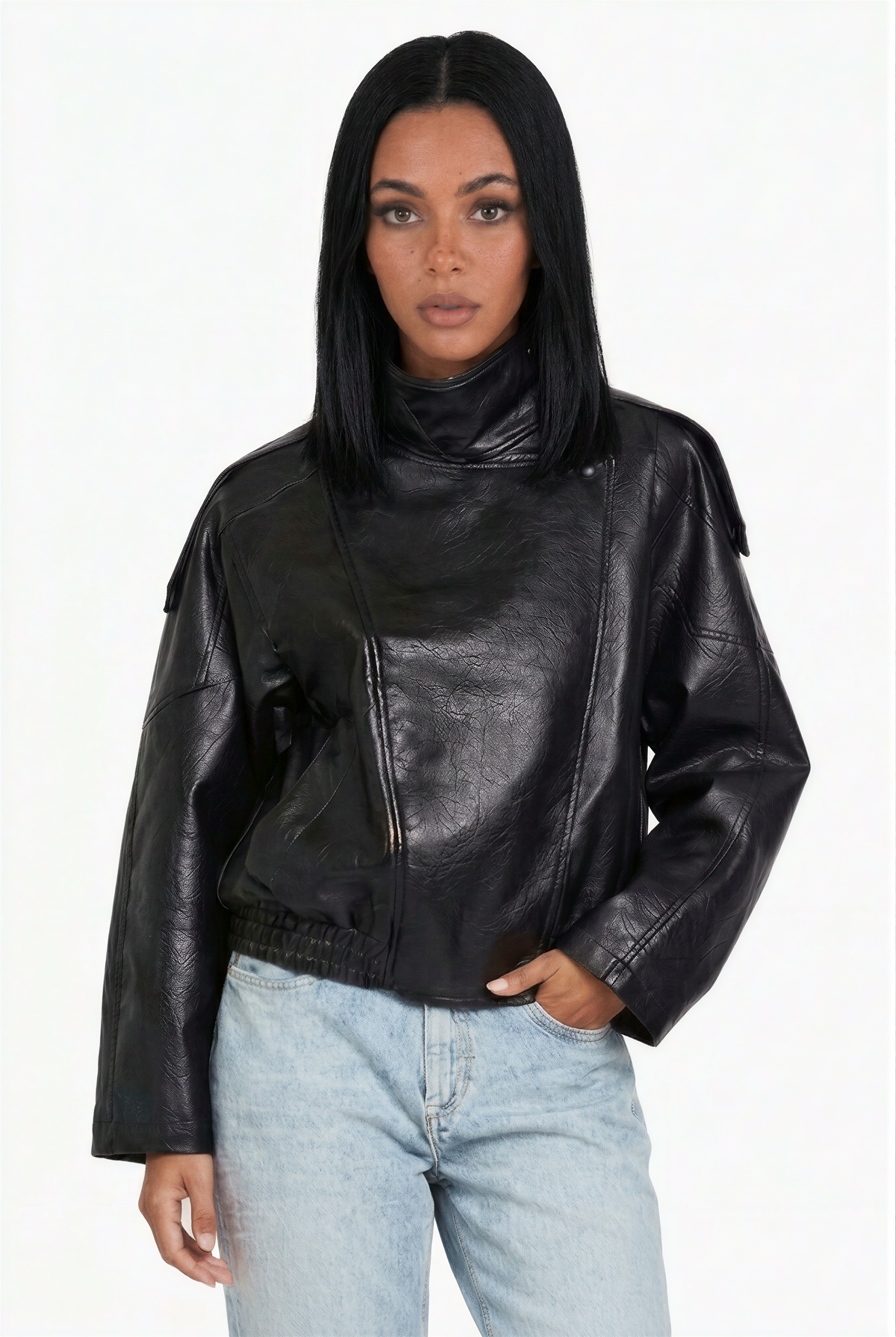 Black Crinkled Faux Leather Oversized Bomber Jacket