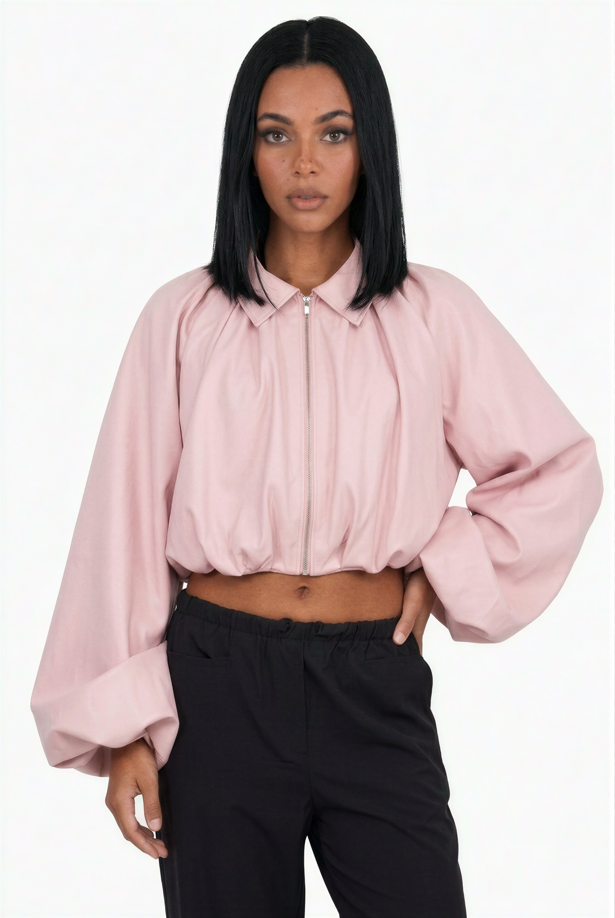 Collared Zip-Front Ruched Crop Jacket with Balloon Sleeves