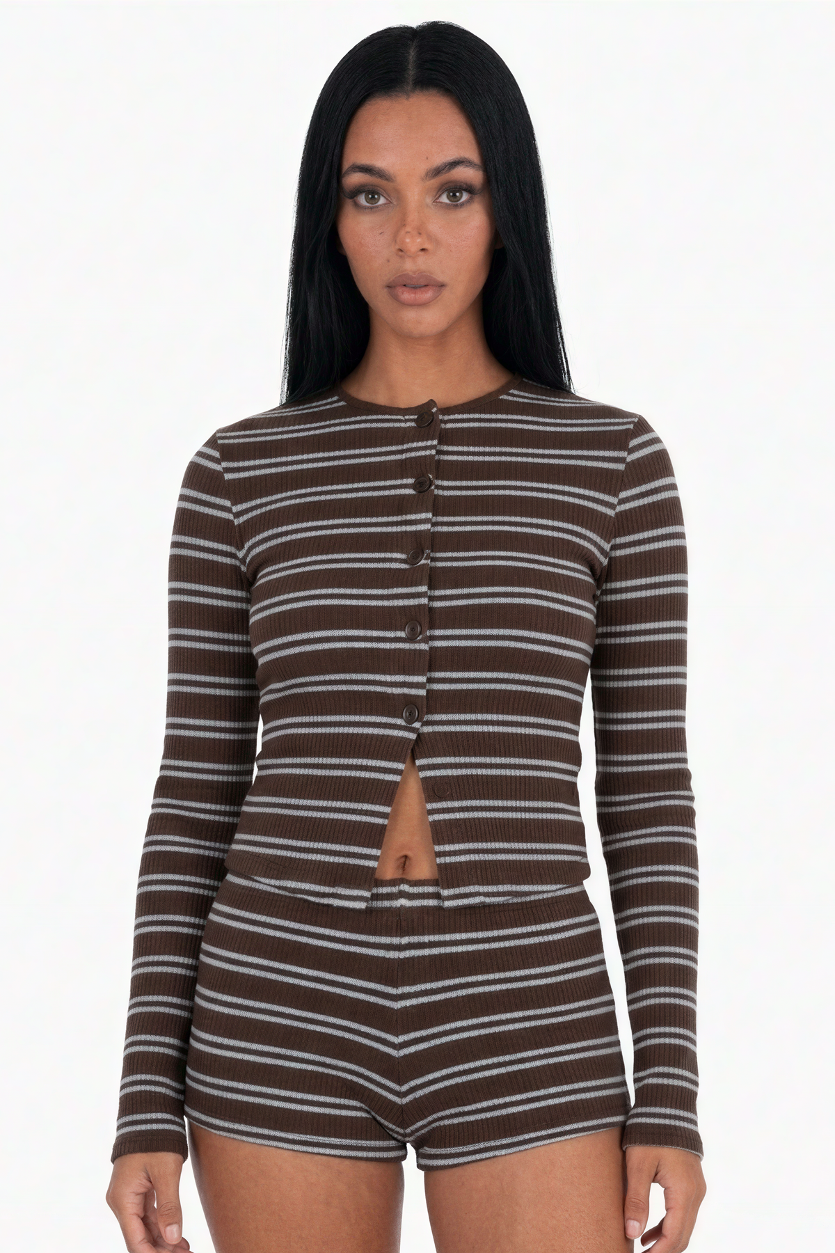 Striped Knit Cardigan and Shorts Set in Brown and Blue