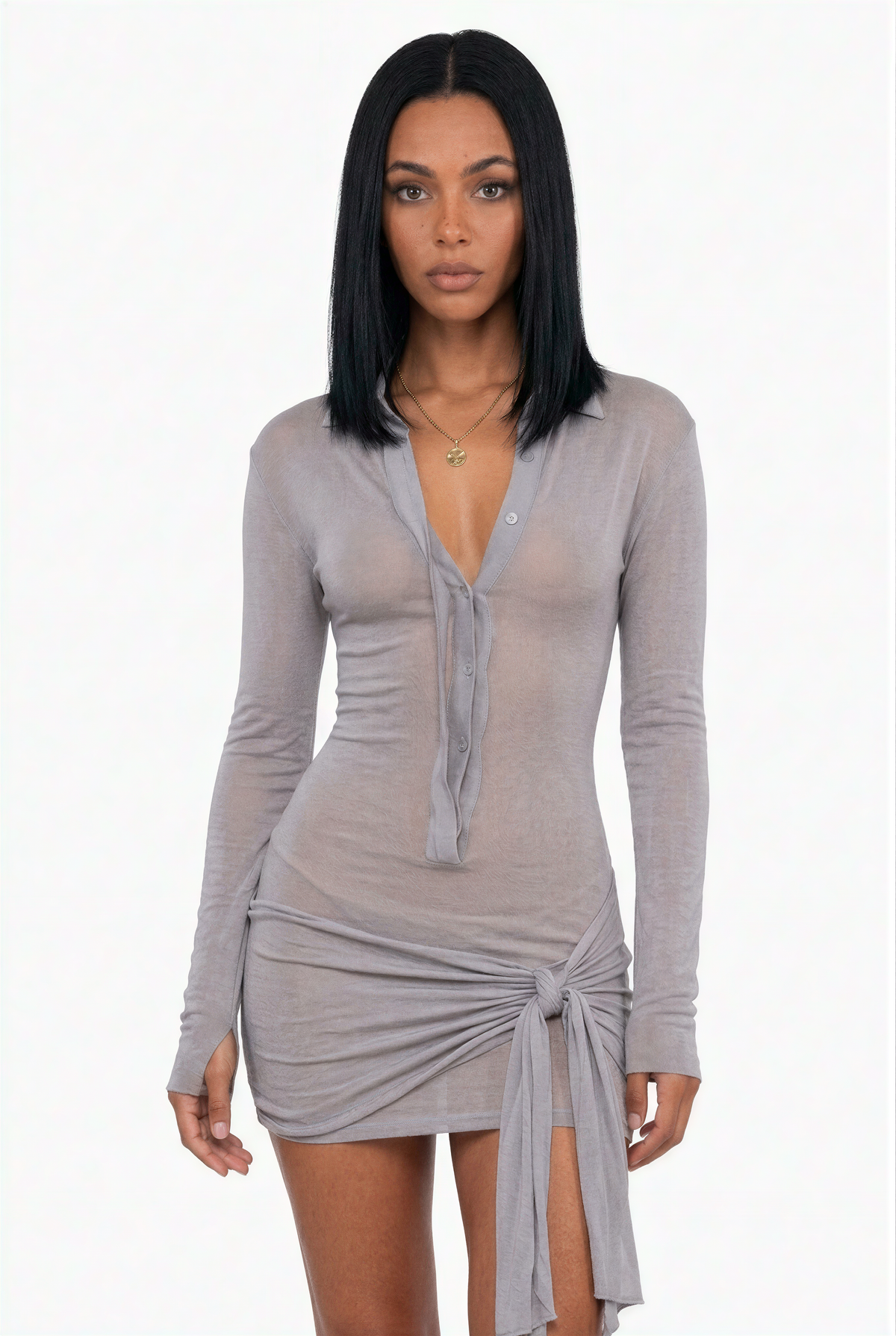 Grey Neck Long Sleeve Mini Dress