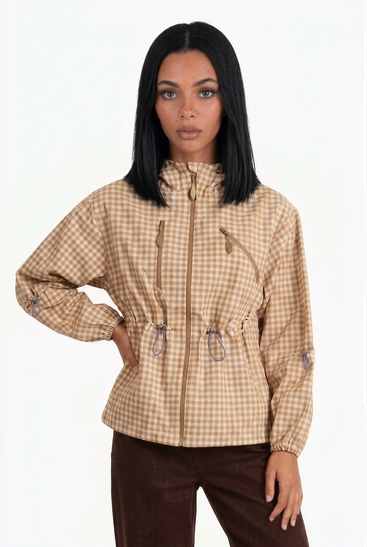 Gingham Check Zip-Up Hooded Utility Jacket