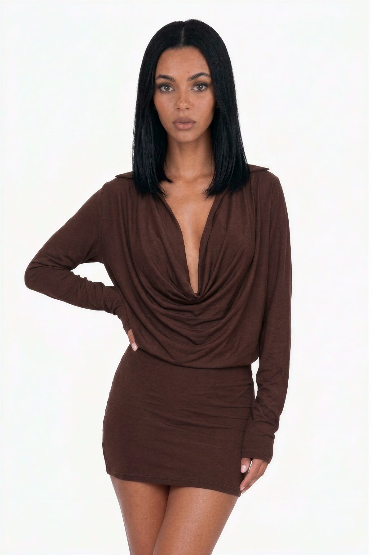 Cowl Neck Long Sleeve Mini Shirt Dress