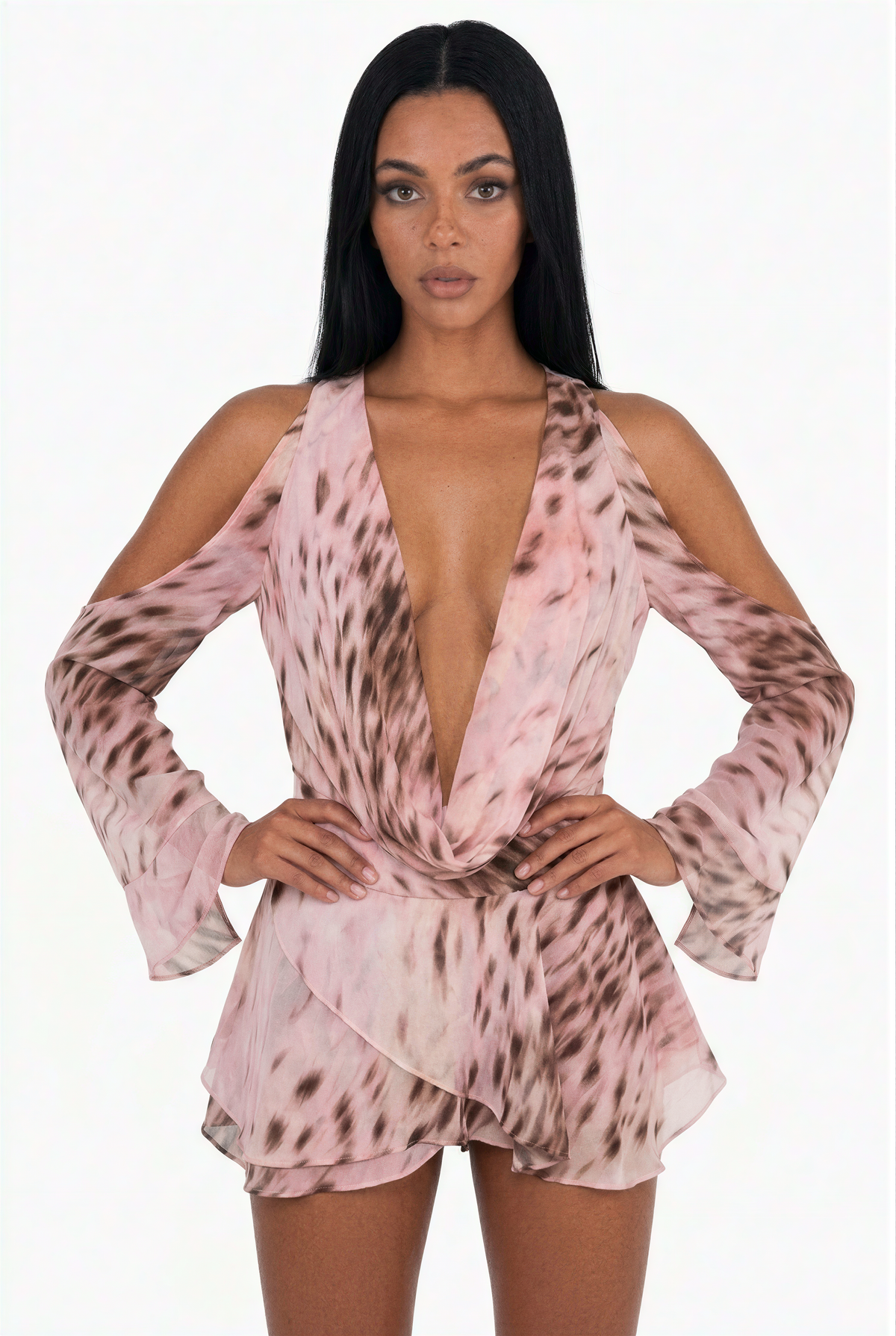 Pink Leopard Sheer Ruffle Mini Dress