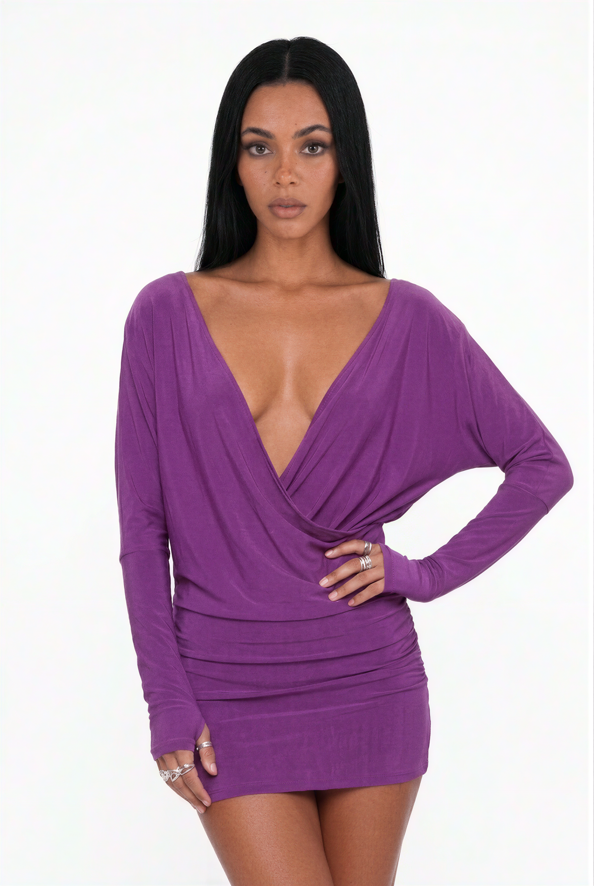 Deep Purple Cowl Neck Ruched Mini Dress