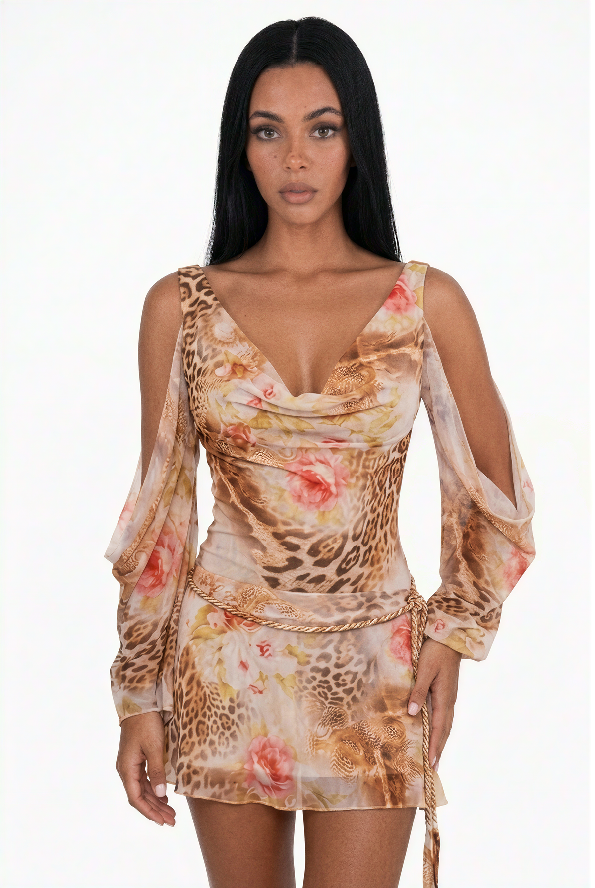 Vestido de malla con hombros descubiertos y estampado de leopardo floral