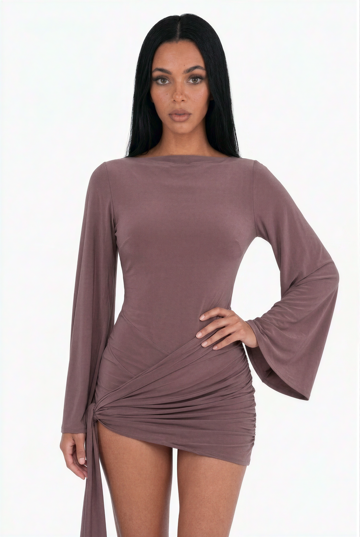 Taupe Draped Tie-Side Bell Sleeve Mini Dress
