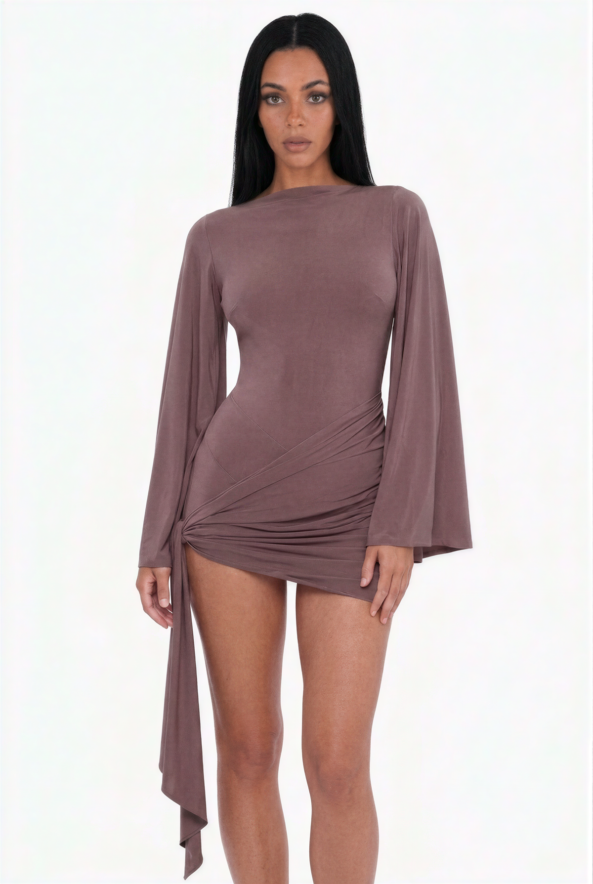 Taupe Draped Tie-Side Bell Sleeve Mini Dress
