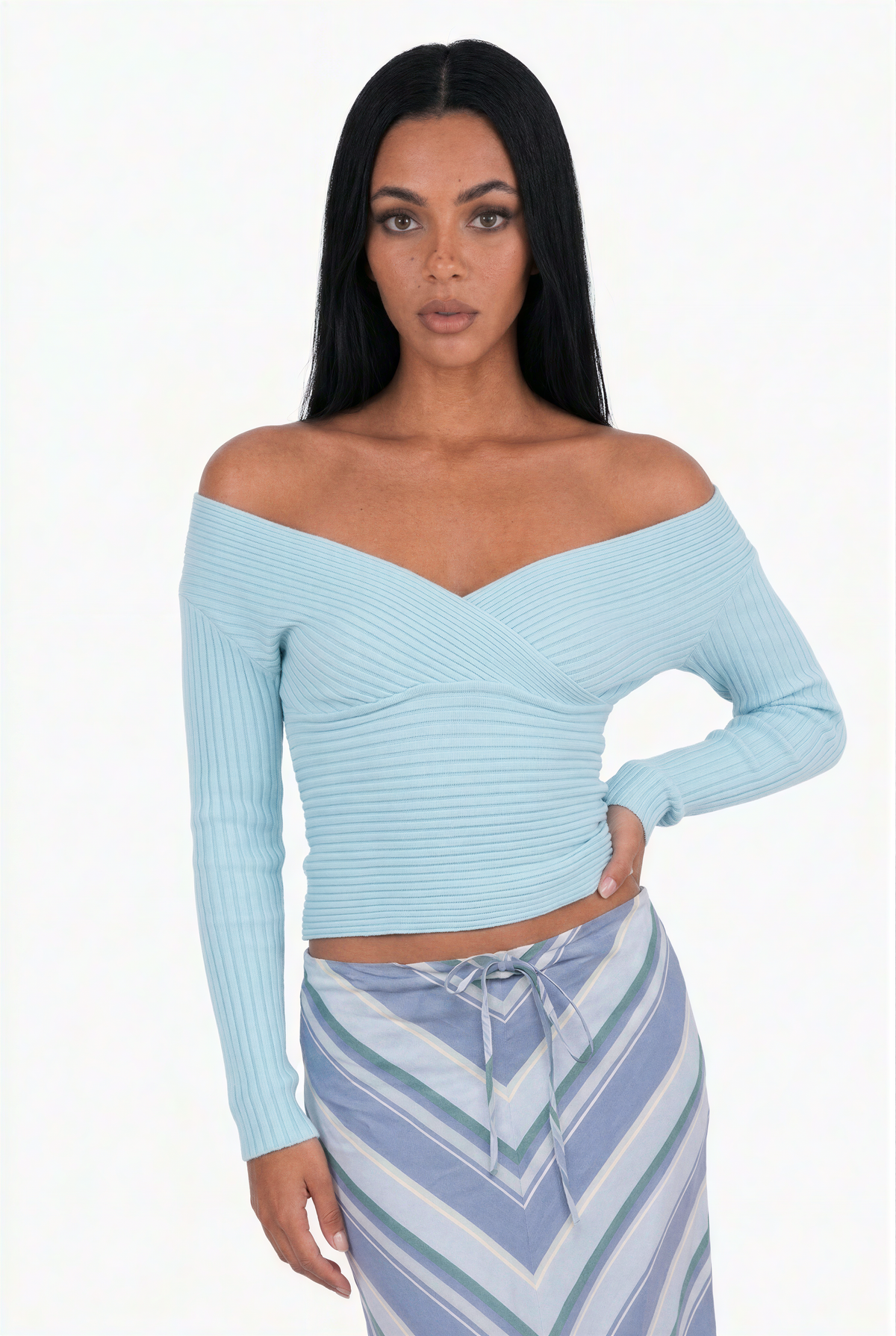 Light Blue Off-The-Shoulder Ribbed Knit Top