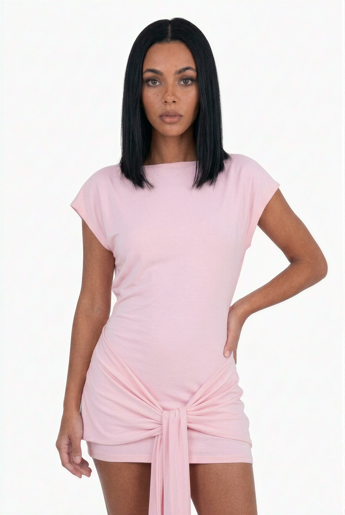 Light Pink Front-Tie Short Sleeve Mini Dress