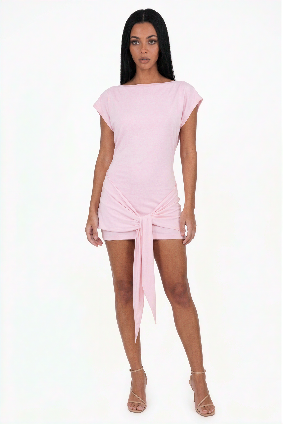 Light Pink Front-Tie Short Sleeve Mini Dress