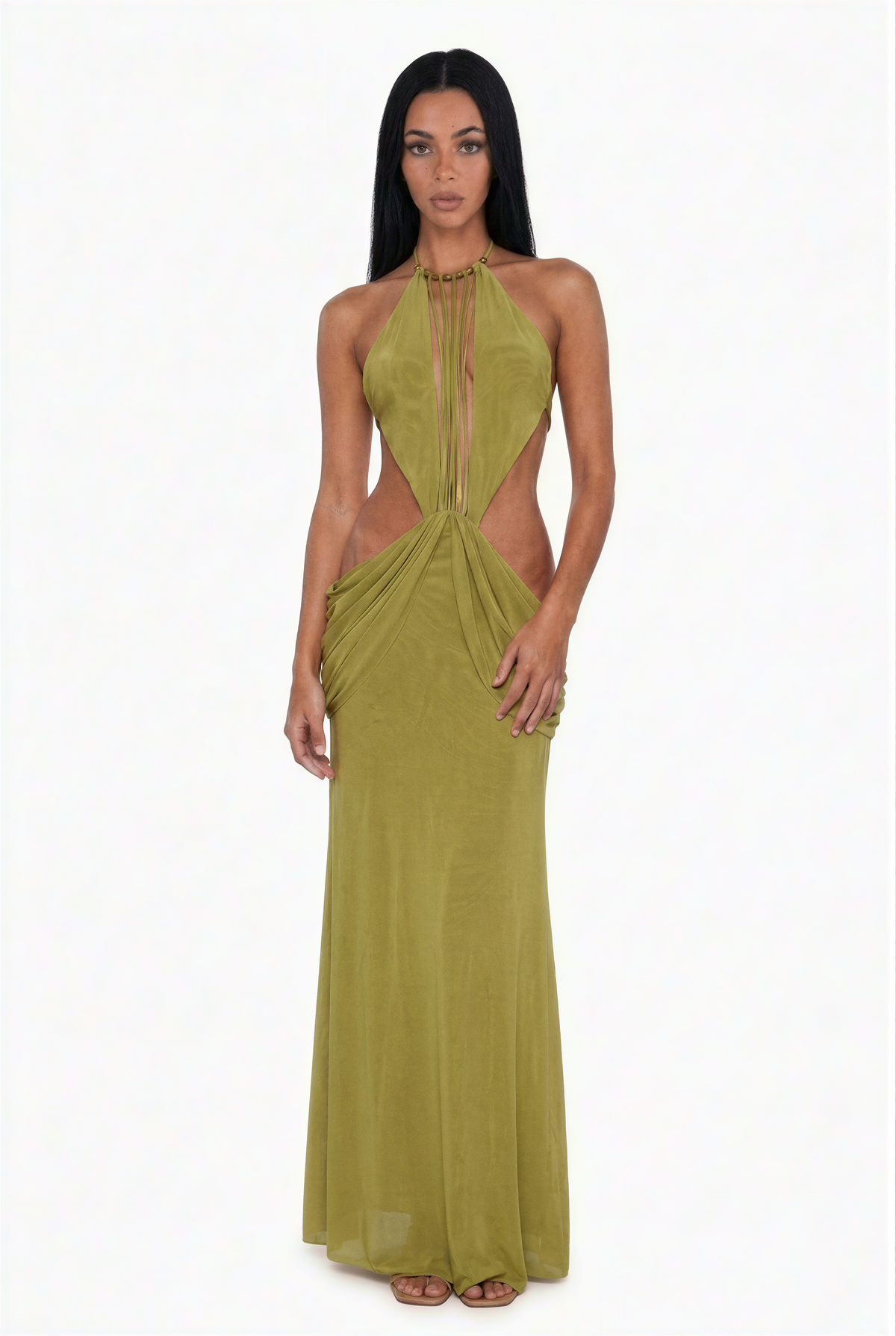 Olive-Green Cut-Out Halter Maxi Dress