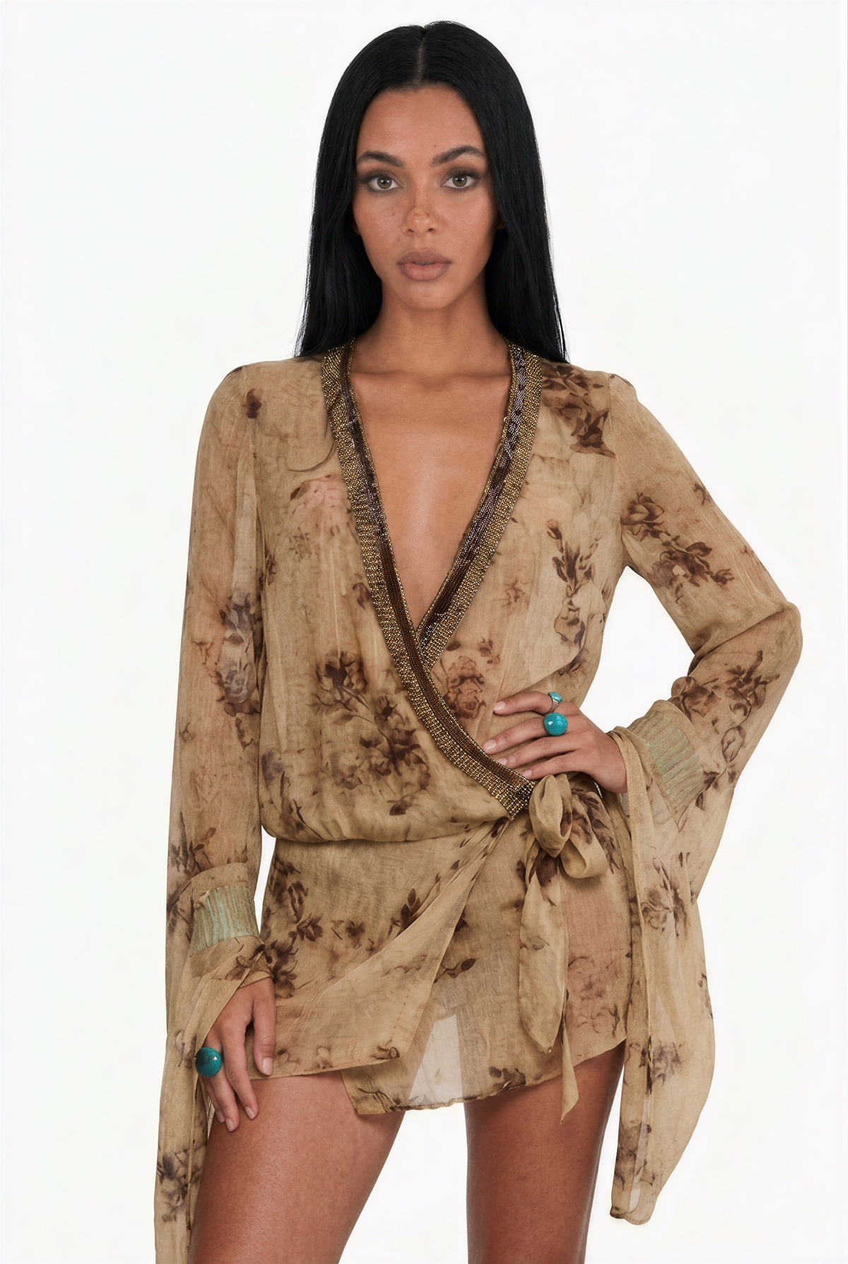 Beaded Floral Print Wrap Beach Dress