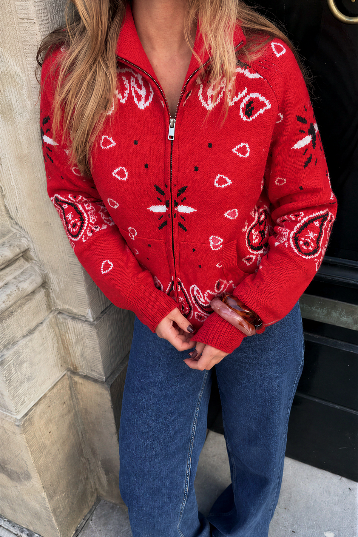 Paisley Motif Stand-Collar Cardigan