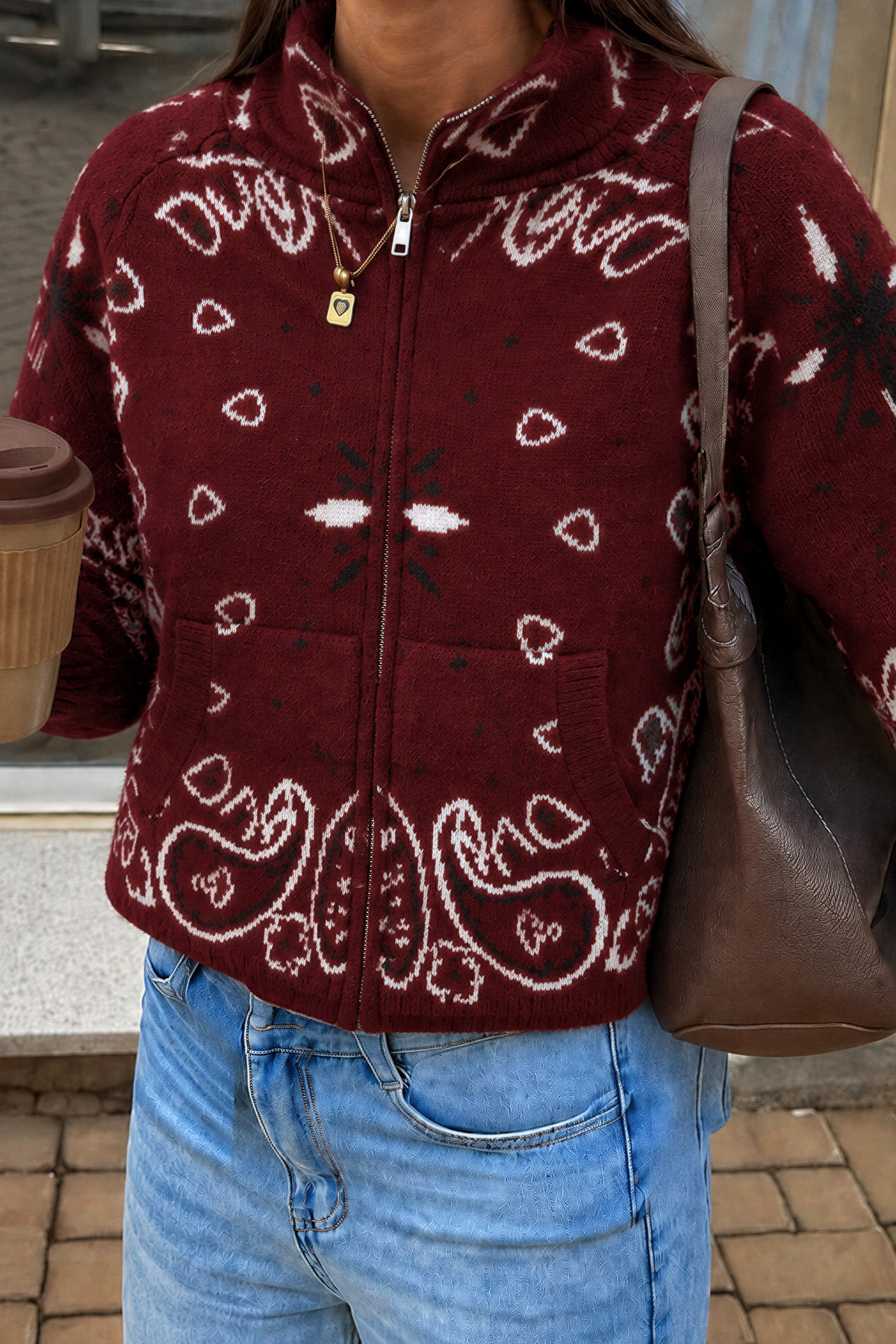 Paisley Motif Stand-Collar Cardigan