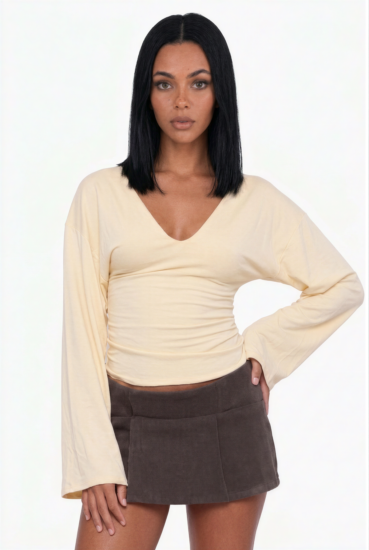 Butter Yellow Ruched V-Neck Top