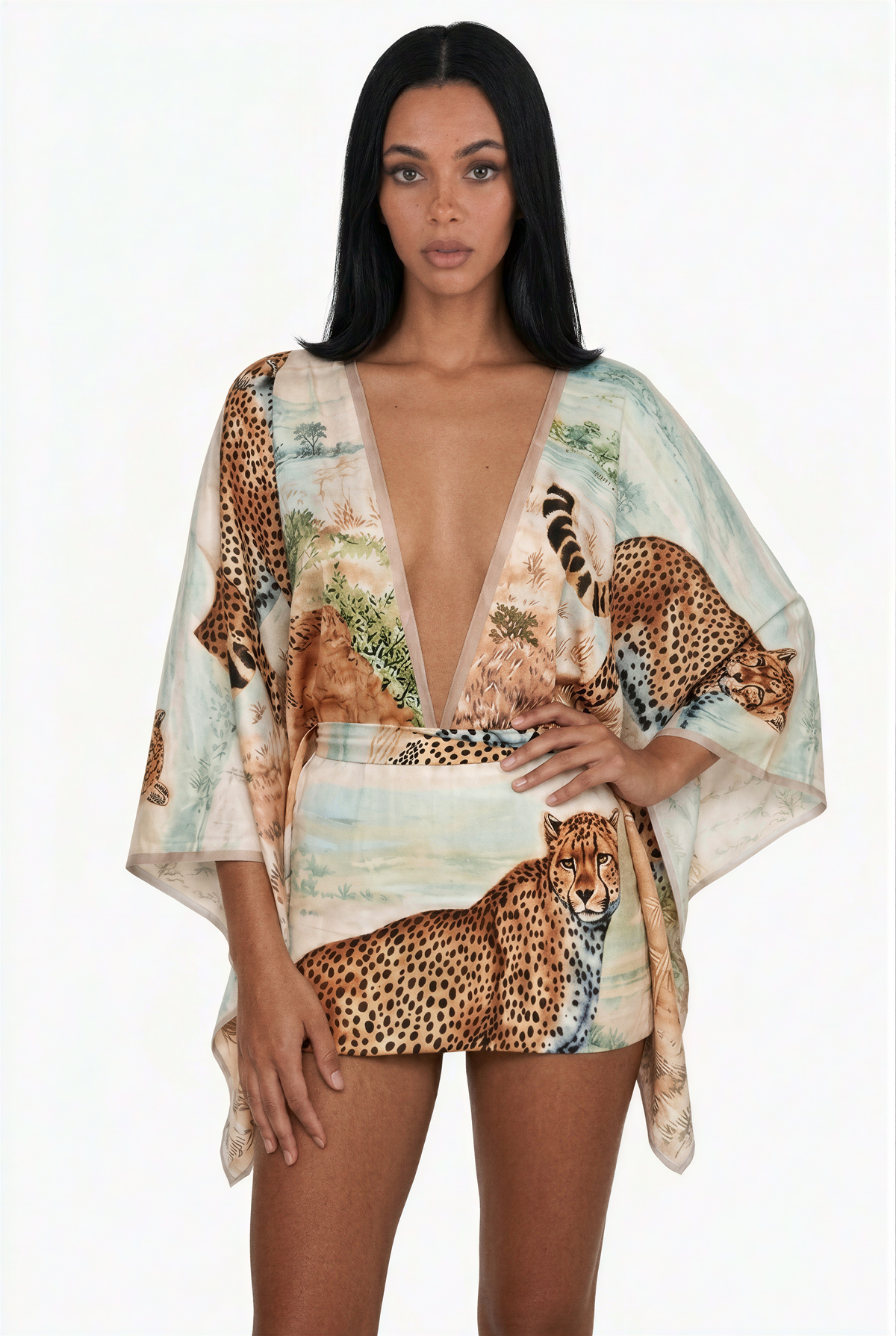 Plunging V-Neck Leopard Landscape Resort Dress