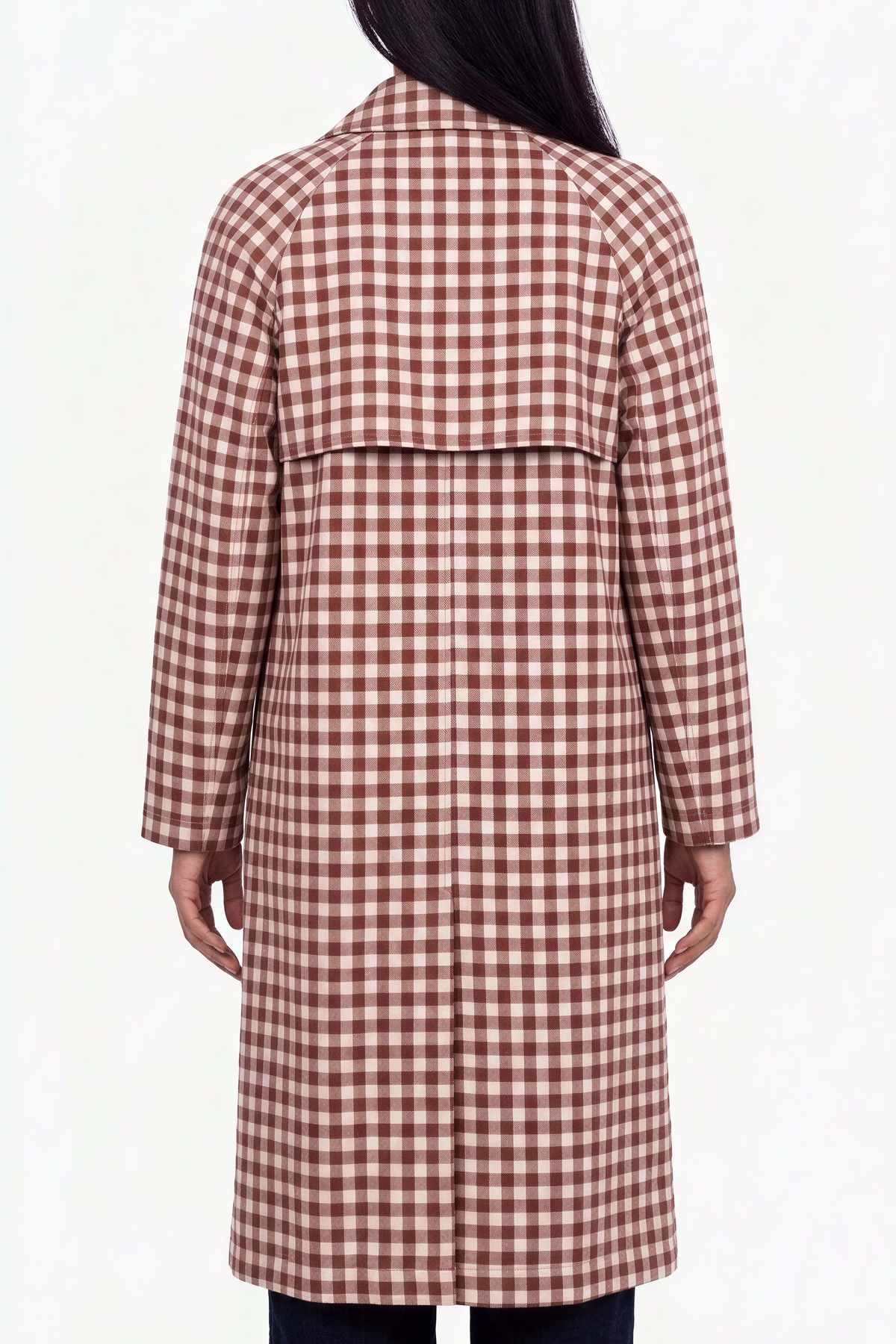 Brown and White Gingham Longline Trench Coat