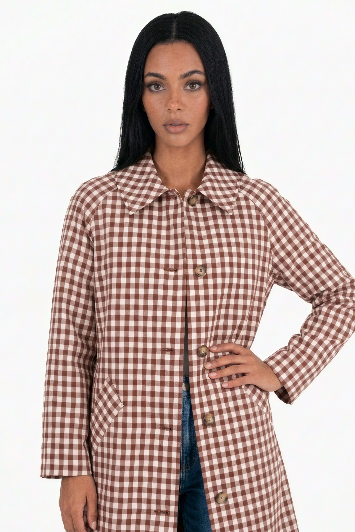 Brown and White Gingham Longline Trench Coat
