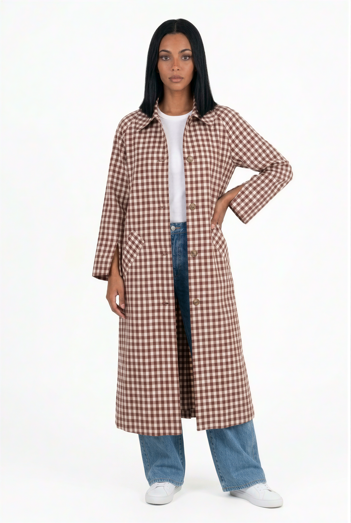 Brown and White Gingham Longline Trench Coat