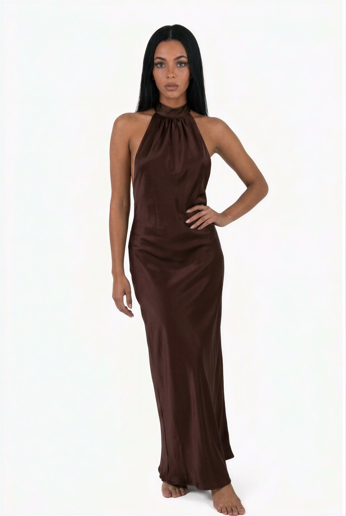 Chocolate Satin Halter Maxi Dress      REPEAT