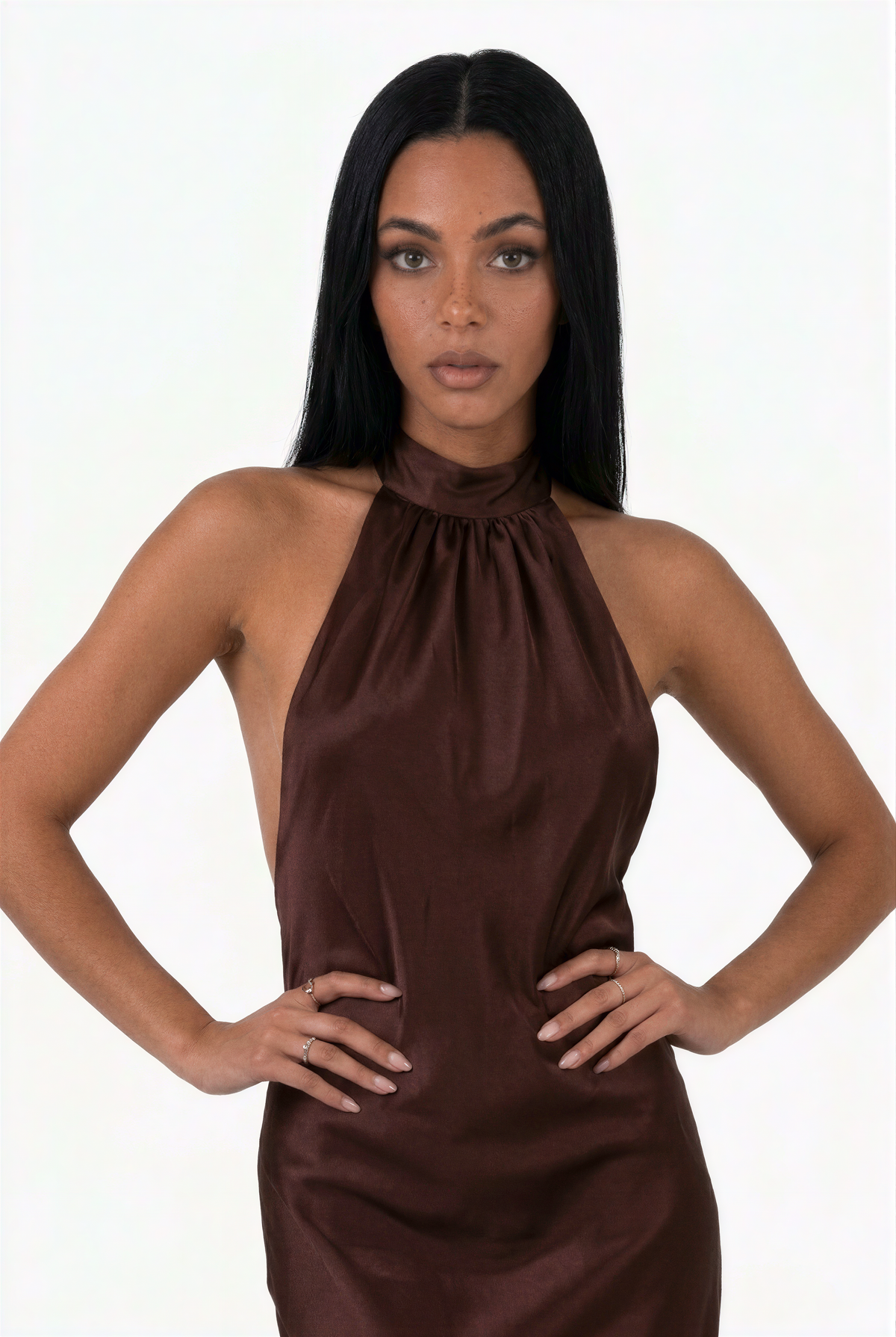 Chocolate Satin Halter Maxi Dress      REPEAT