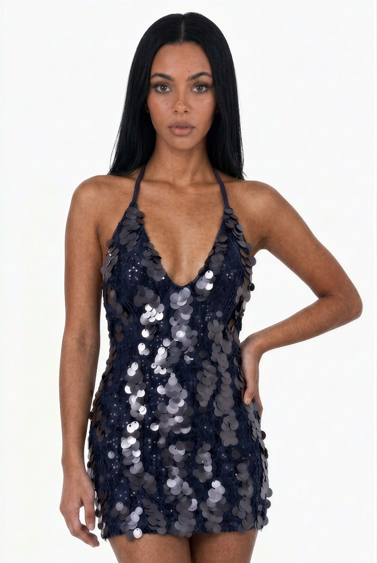 Navy Sequin Halter Mini Dress