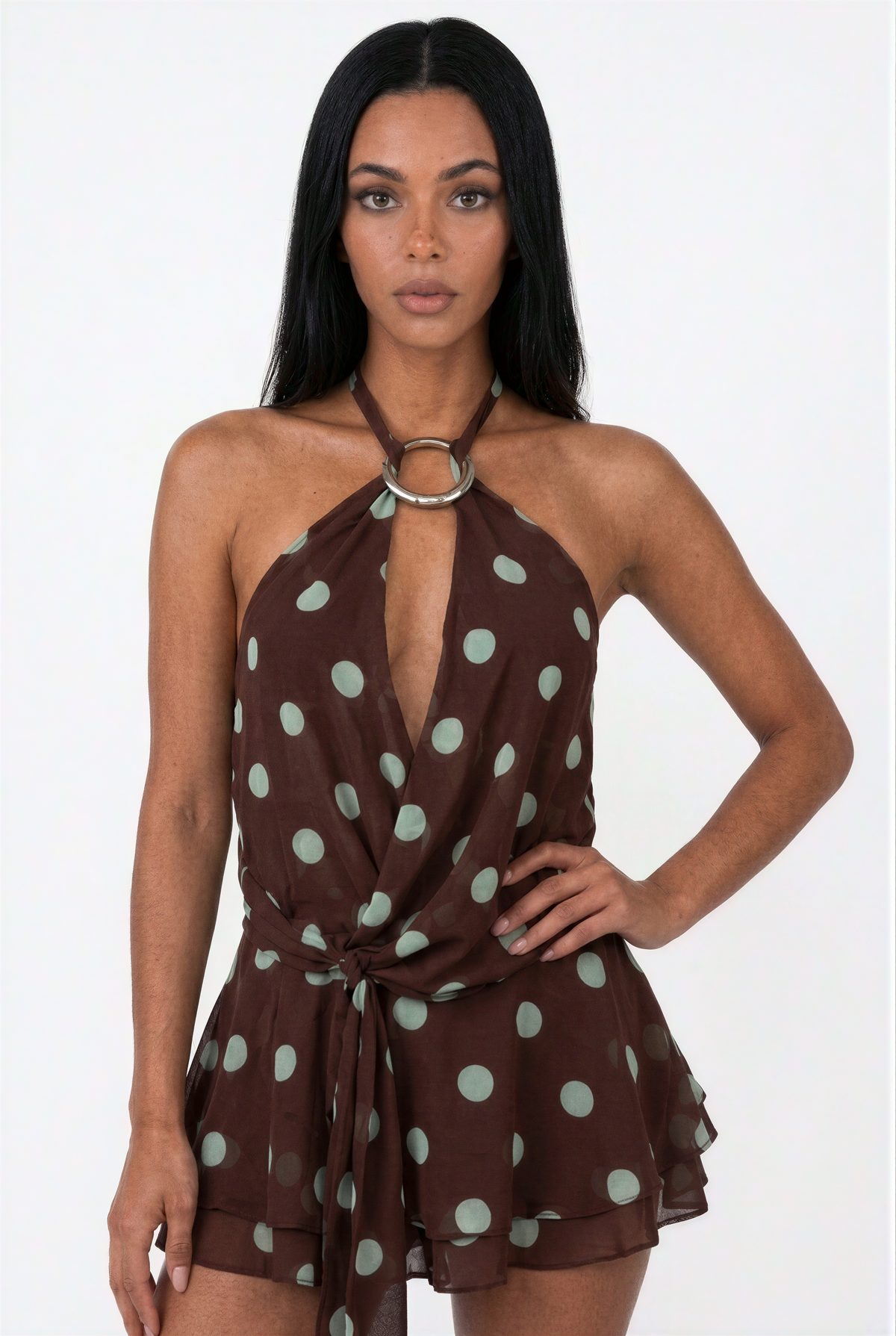 Chocolate Polka Dot Halter Mini Dress