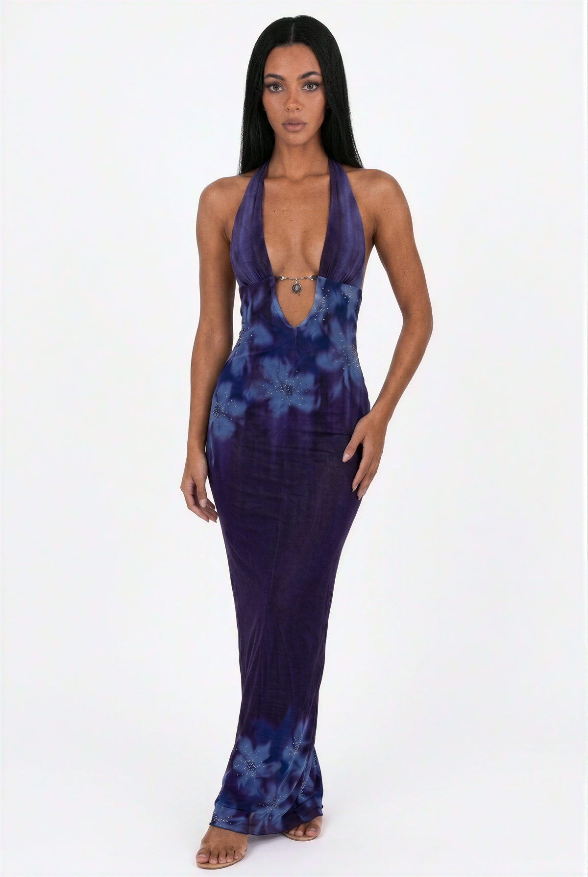 Midnight Bloom Halter Maxi Dress