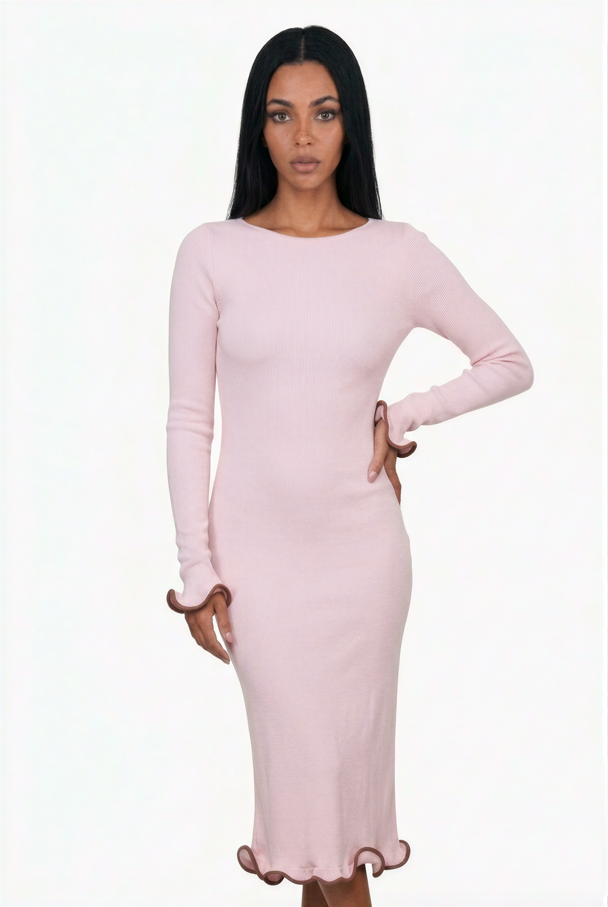 Contrast-Trim Lettuce-Edge Maxi Dress