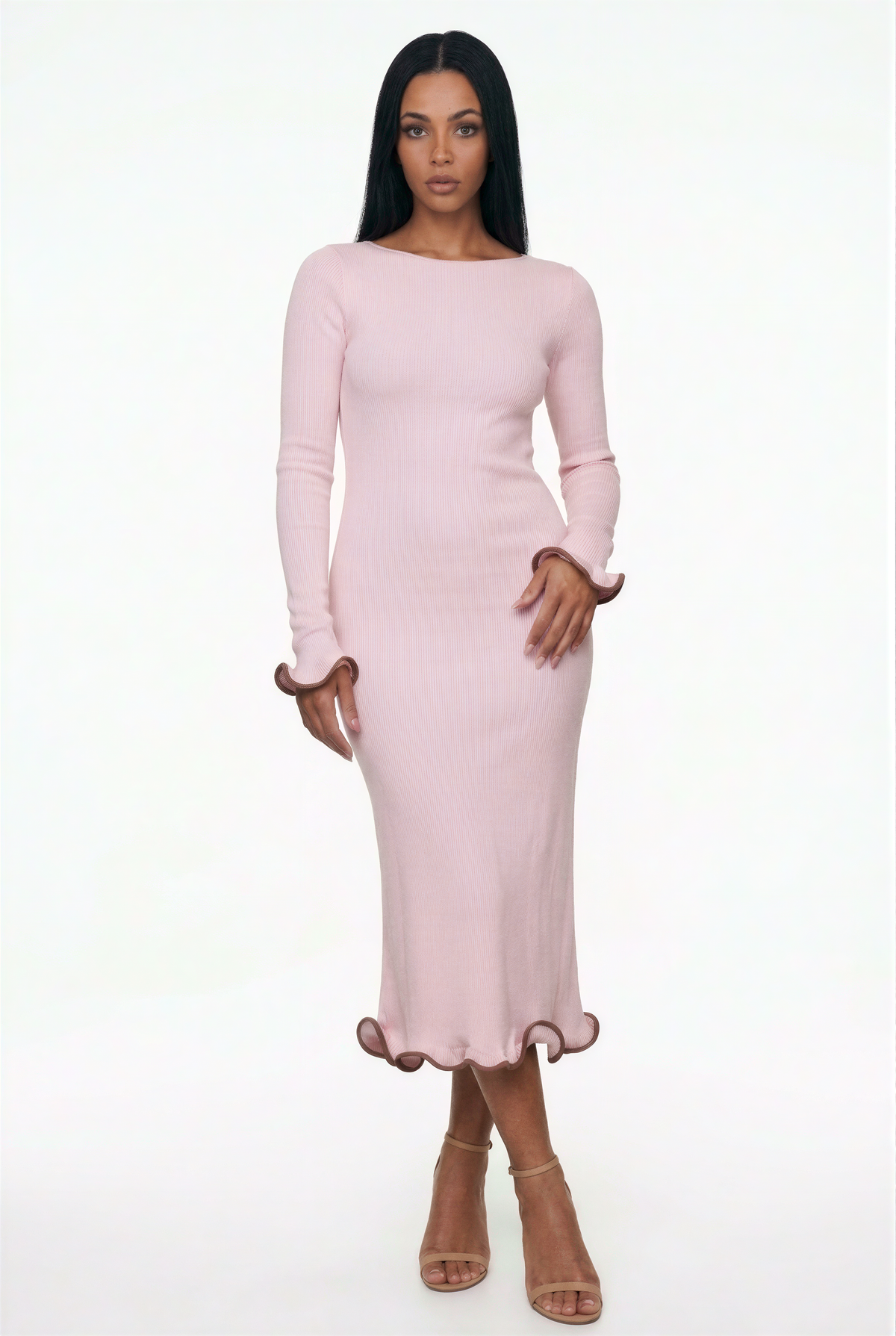 Contrast-Trim Lettuce-Edge Maxi Dress