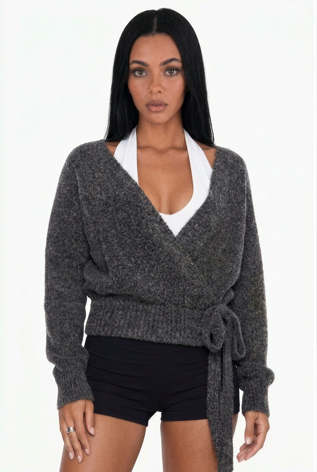 Charcoal Knit Wrap Cardigan