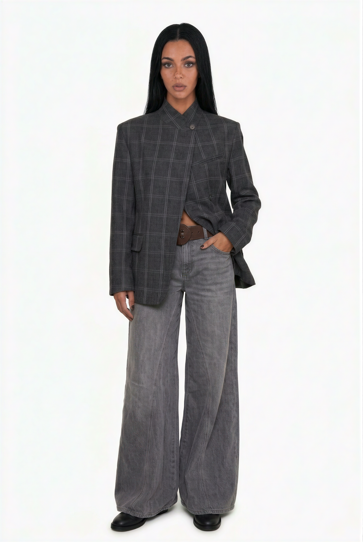 Plaid Asymmetric Stand-Collar Blazer